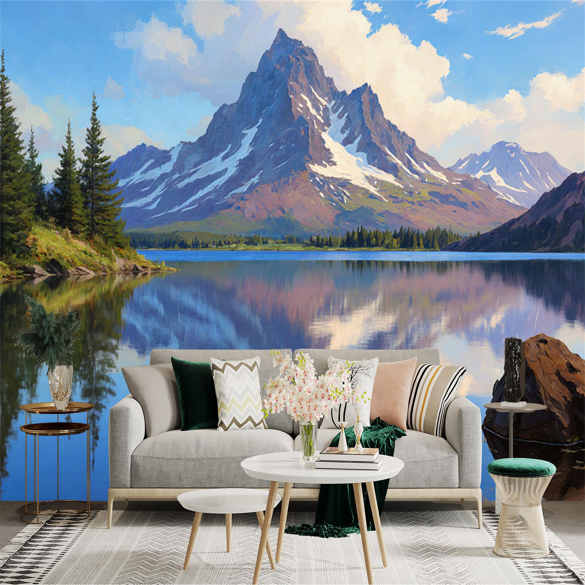 Custom Size Wall Sticker Mural， Snowy Mountain with Lake Reflection， Pine Trees and Blue Sky Landscape， for wall Decoration， peelandstick wall Decals.