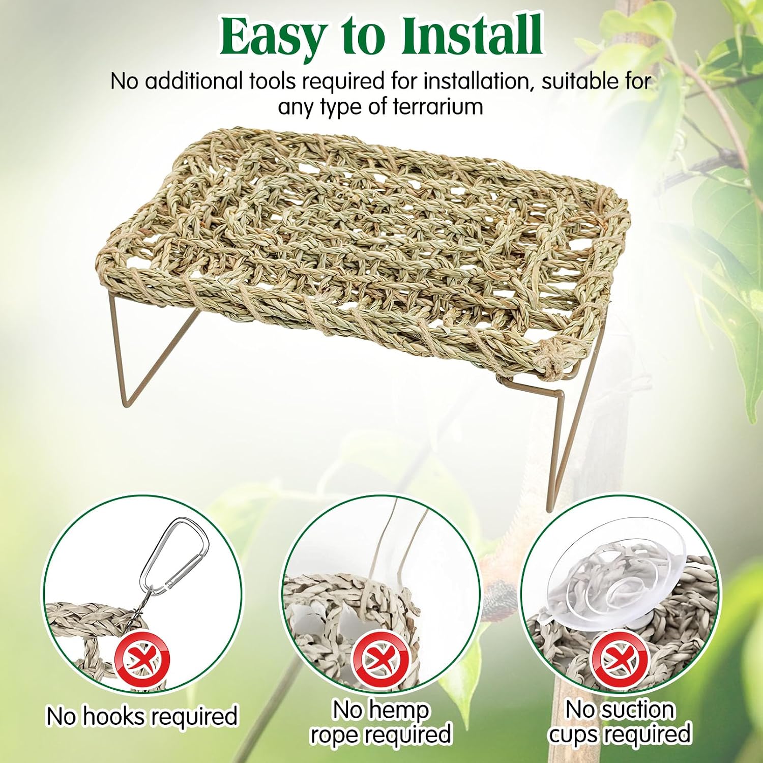 kathson Bearded Dragon Hammock with Ladder, Seagrass Reptile Basking Hammock with Metal Legs, Adjustable Lizard Bed Tank Accessories Decor for Amphibian Gecko Snake Hermit Crab Chameleon Climbing