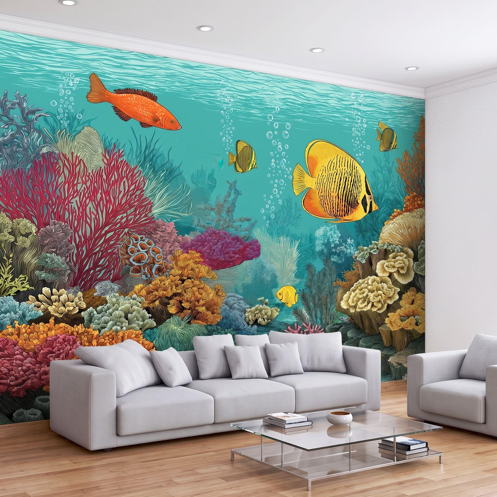 500 x 280 cm, fototapeta z włókniny, na wymiar, podwodny krajobraz, rafy koralowe, ryby, turkusowa, fotorealistyczna, tapeta na flizelinie, tapeta z motywem, dekoracja ścienna, dekoracja ścienna