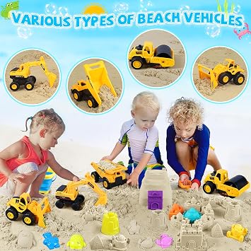 FHOZGECY Beach Toys with 4 Trucks, Collapsible Buckets for Kids Ages 3-12