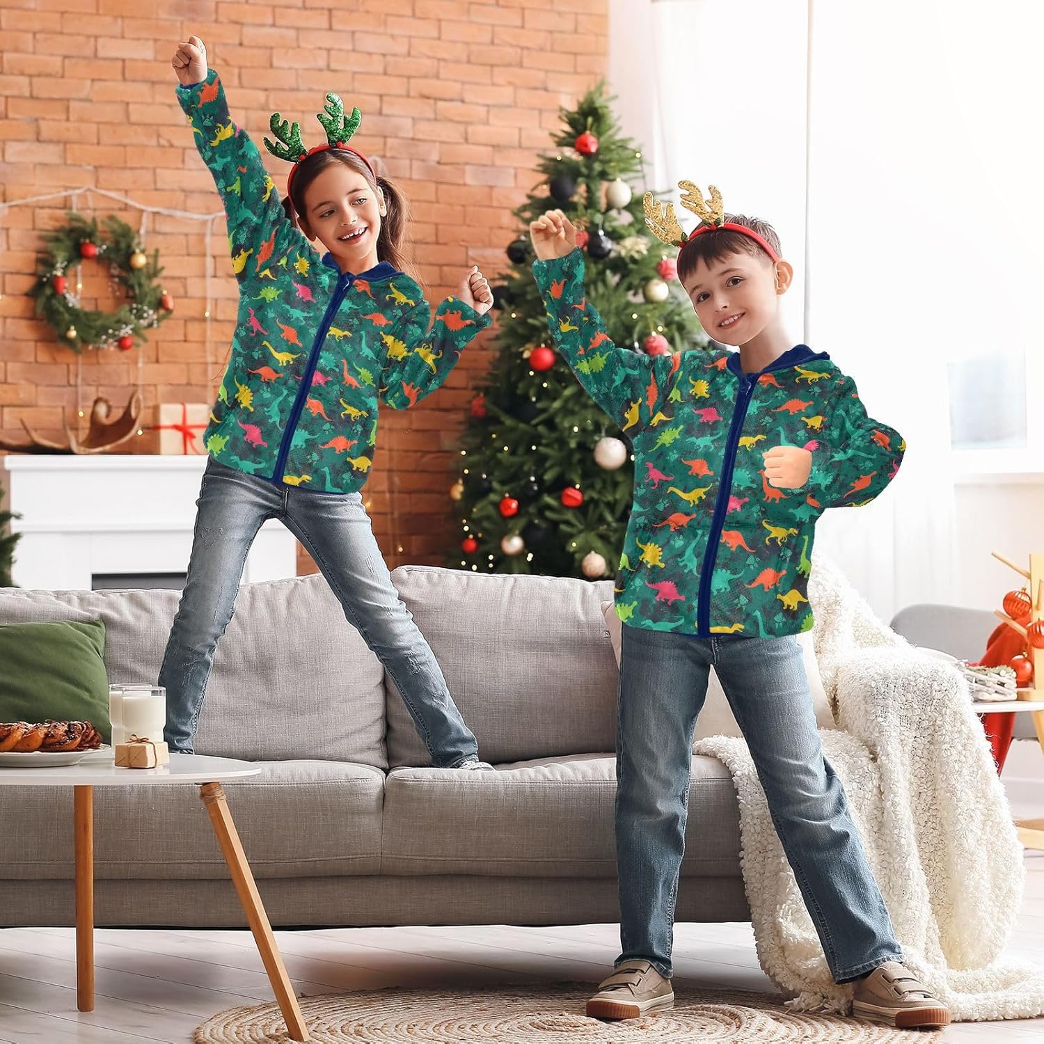 Dinosaurs Boys Fleece Hoody Jacket Zip Up Coat Warm Fall Winter Plush Jacket Long Sleeve Outerwear
