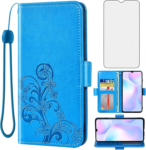 Asuwish Compatible con Xiaomi Redmi 9A Redme 9i Funda tipo cartera y protector de pantalla de vidrio templado accesorios para monedero correa de