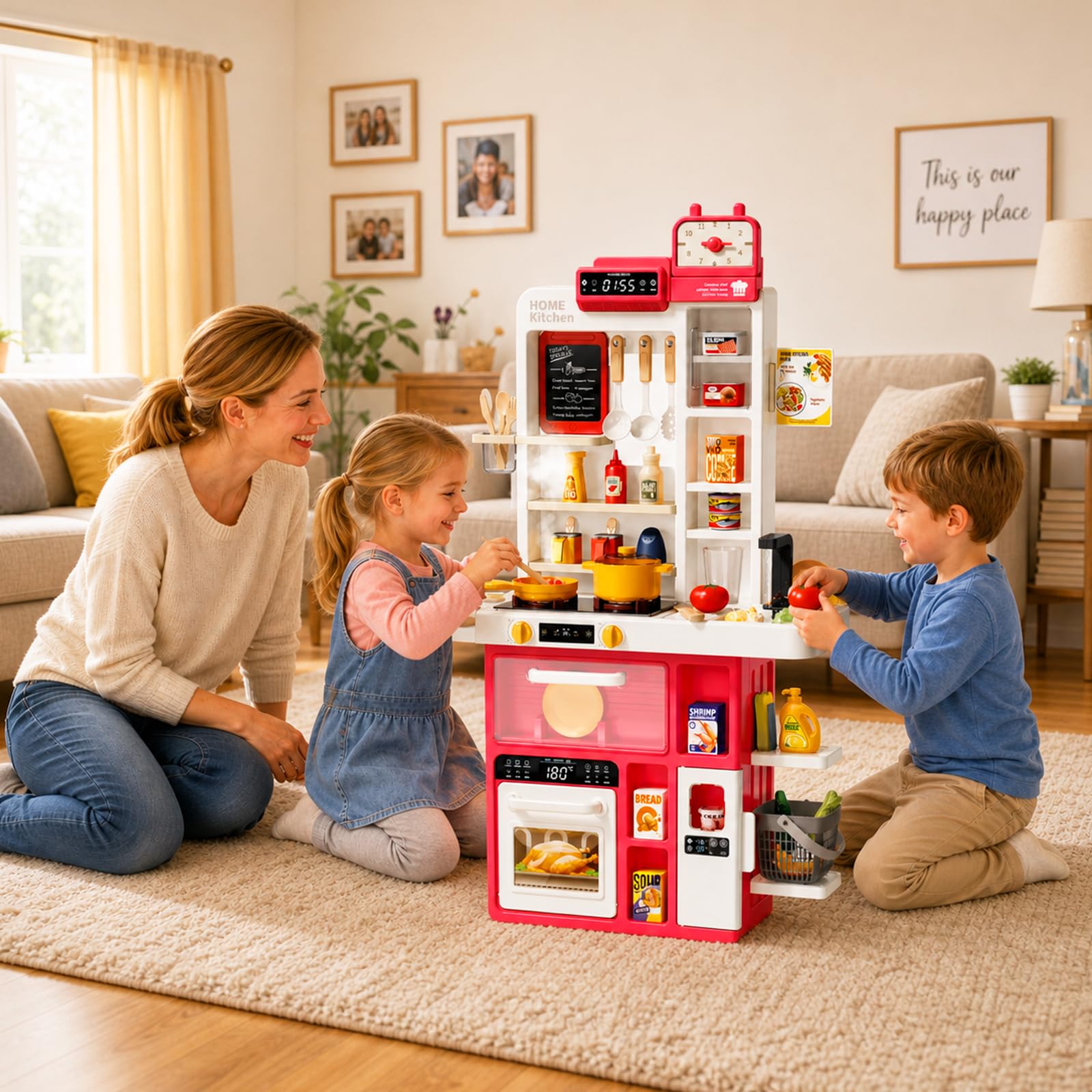 deAO Cucina Giocattolo per Bambini, 69 Pezzi con Luci, Suoni Cottura, Effetto Fiamma, Funzione Acqua con Vaporizzatore e Rubinetto, Fornello e Forno – Regalo 3+ anni(rosso)