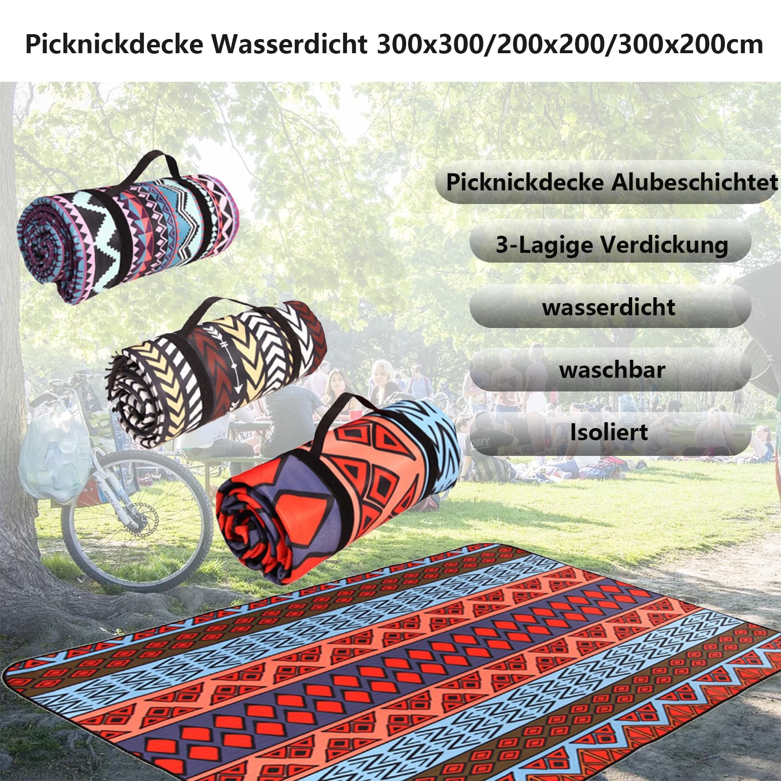 Koc podróżny piknikowy, koc kempingowy, 3-warstwowy zagęszczony koc piknikowy Wodoodporny, 300x300, mata piknikowa nadająca się do prania w pralce na kemping, do parku, do ogrodu, na plażę, składana i