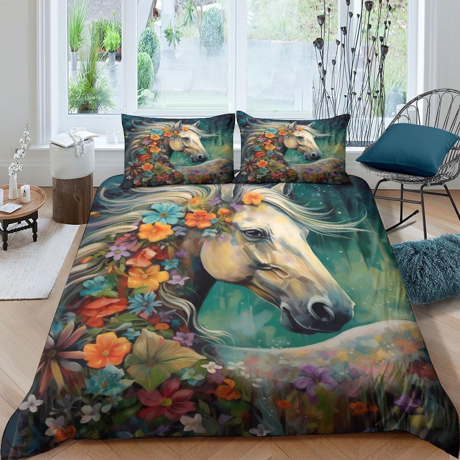 Housse de couette chevaux et fleurs 3D pour transformer l'ambiance de la chambre adulte