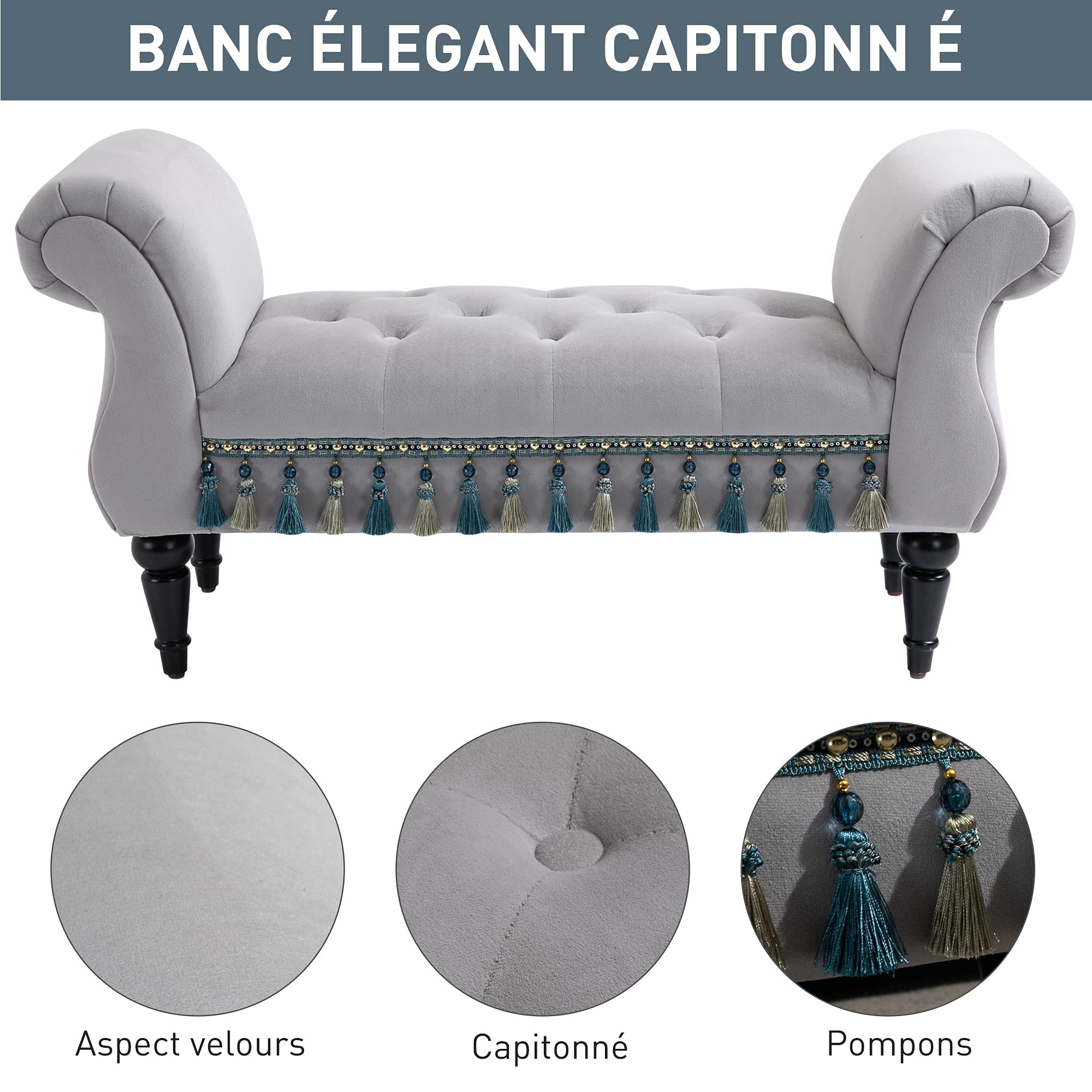 HOMCOM - Banco acolchado de terciopelo para cama con reposabrazos, patas de madera de caucho, 40 x 117 x 58 cm, color gris