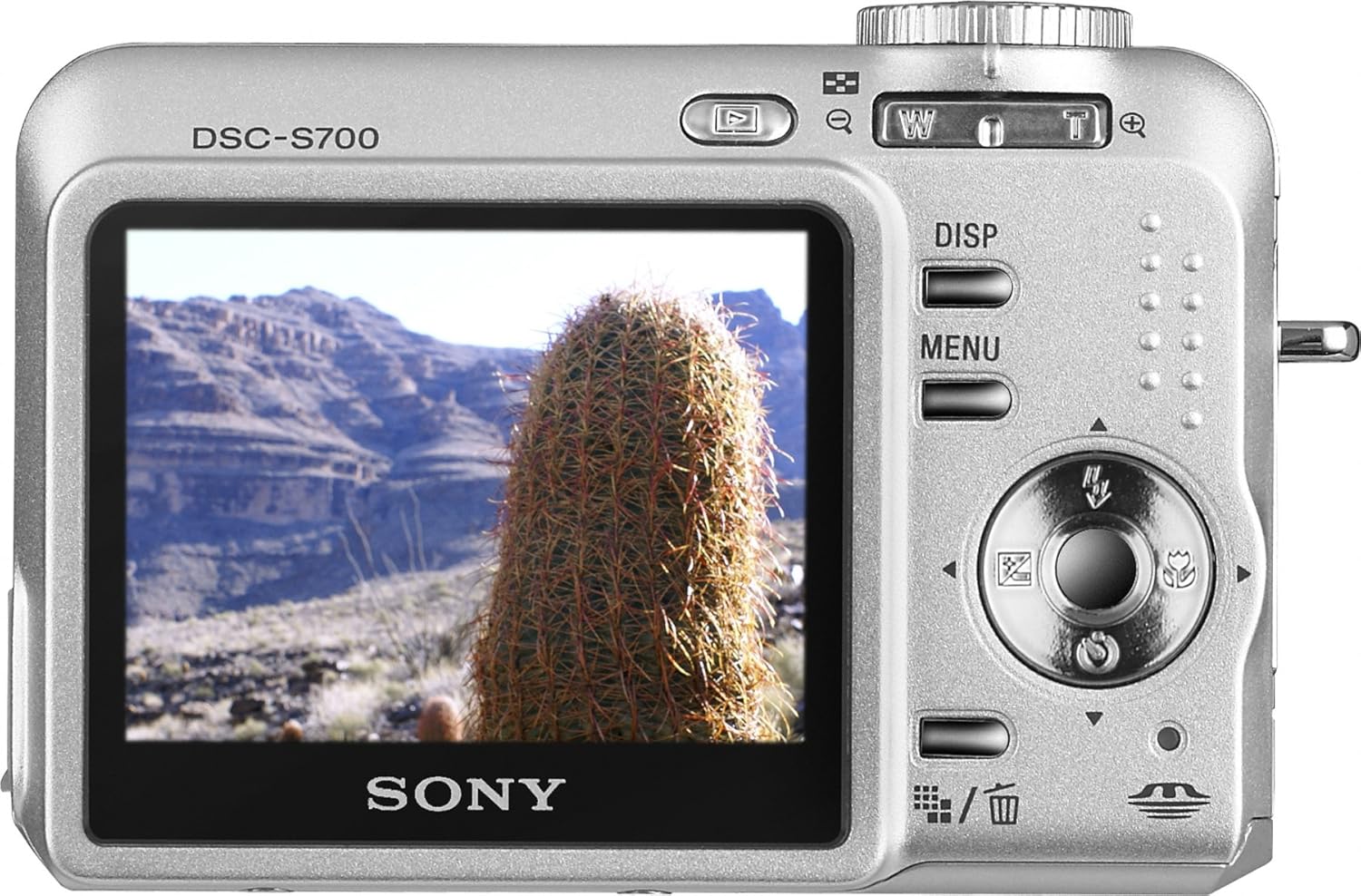 Back view of the Sony Cyber-shot DSC-S700 camera, showing the 2.4-inch LCD screen and control buttons like DISP and MENU.