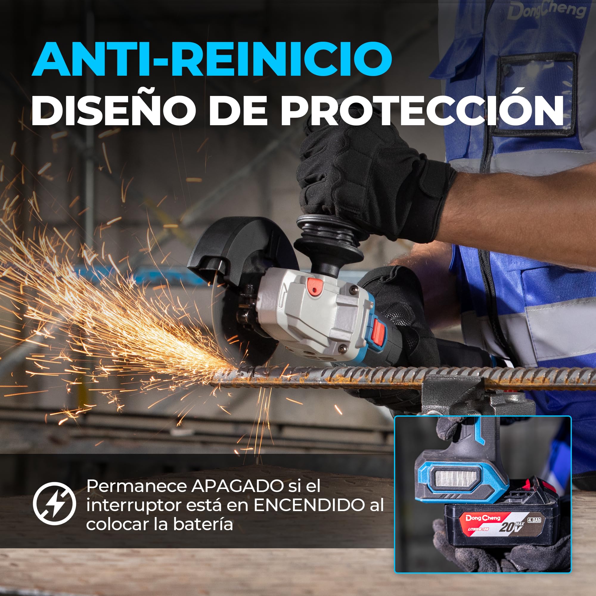 DongCheng Amoladora angular a batería 20 V 125 mm, motor sin escobillas, cubierta de liberación rápida, empuñadura antivibración, 2 discos abrasivos, 2 discos de corte, batería de 4,0 Ah.