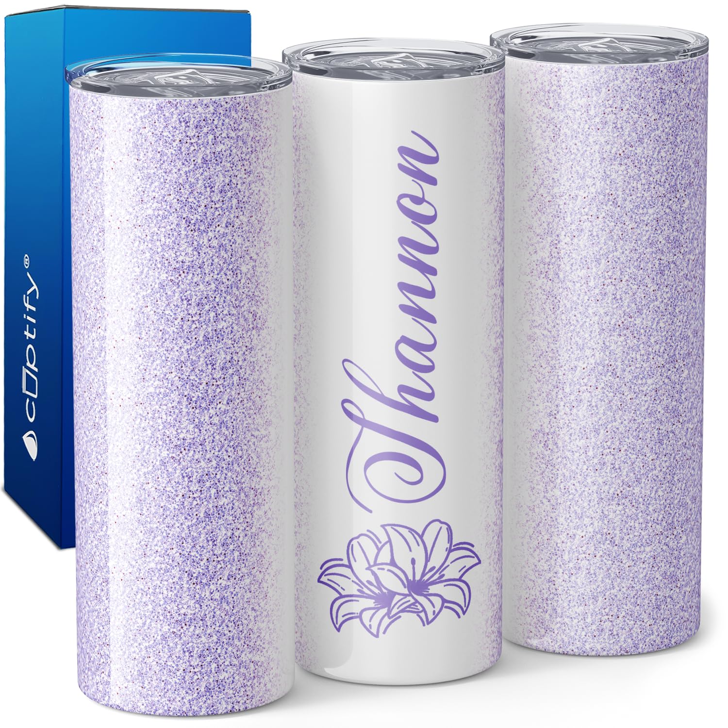 Personalized Tumblers with Straw and Lid Laser Engraved Name on Lavender Glitter 20 oz Stainless Steel Skinny Custom Cups for Women, Mothers, Sisters and Best Friends