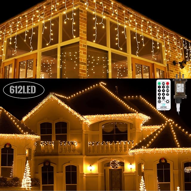 Moxled Icicle Outdoor Christmas Lights 15M/49.2ft 612 LED Warm White Icicle Lights Mains Powered with Remote, Timer Memory Function, Waterproof Fairy Lights for Indoor Outdoor Xmas Decorations