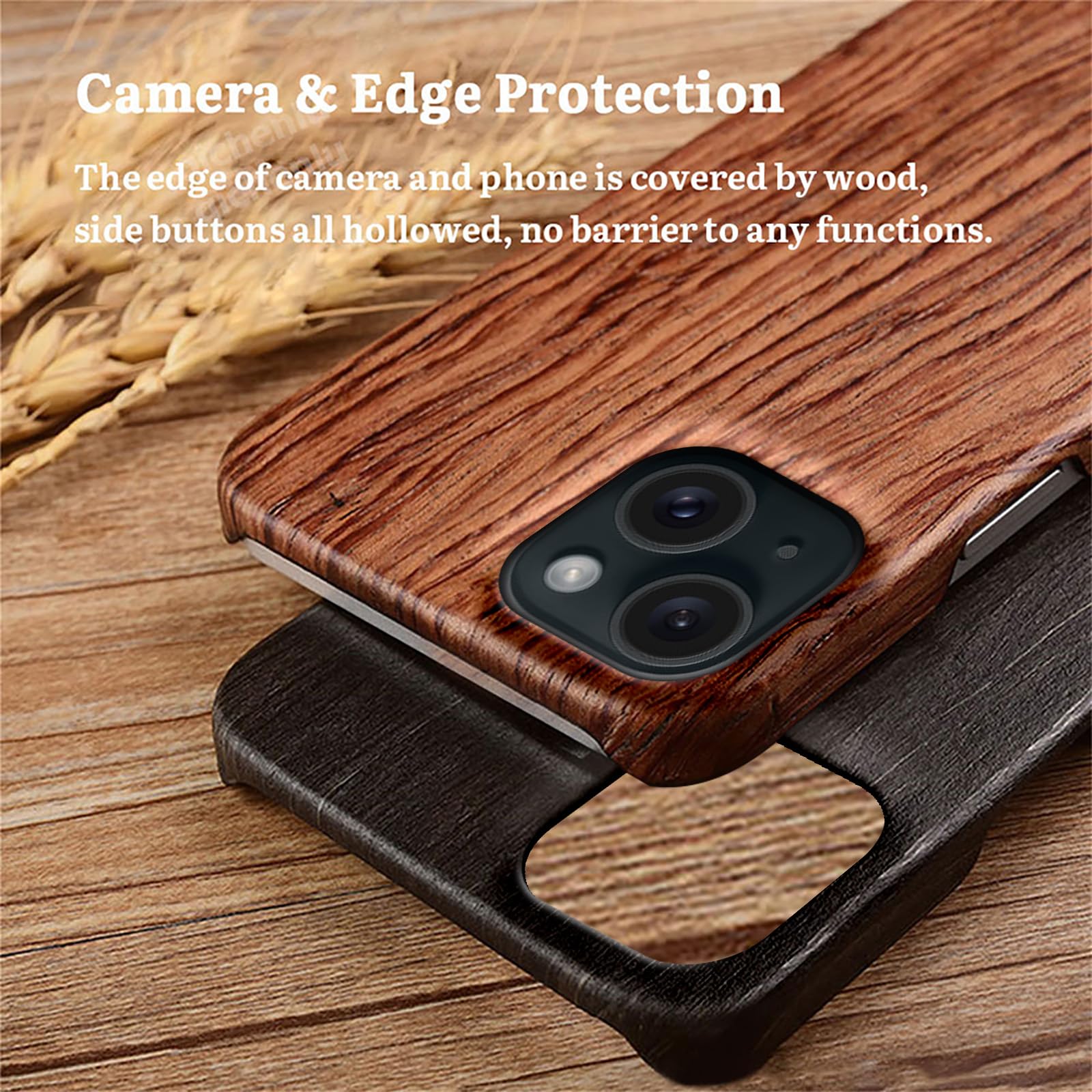 Qichenlu Holz-Hülle Für IPhone 15 Plus – Rosewood Mit Aramidkern, Ultradünn