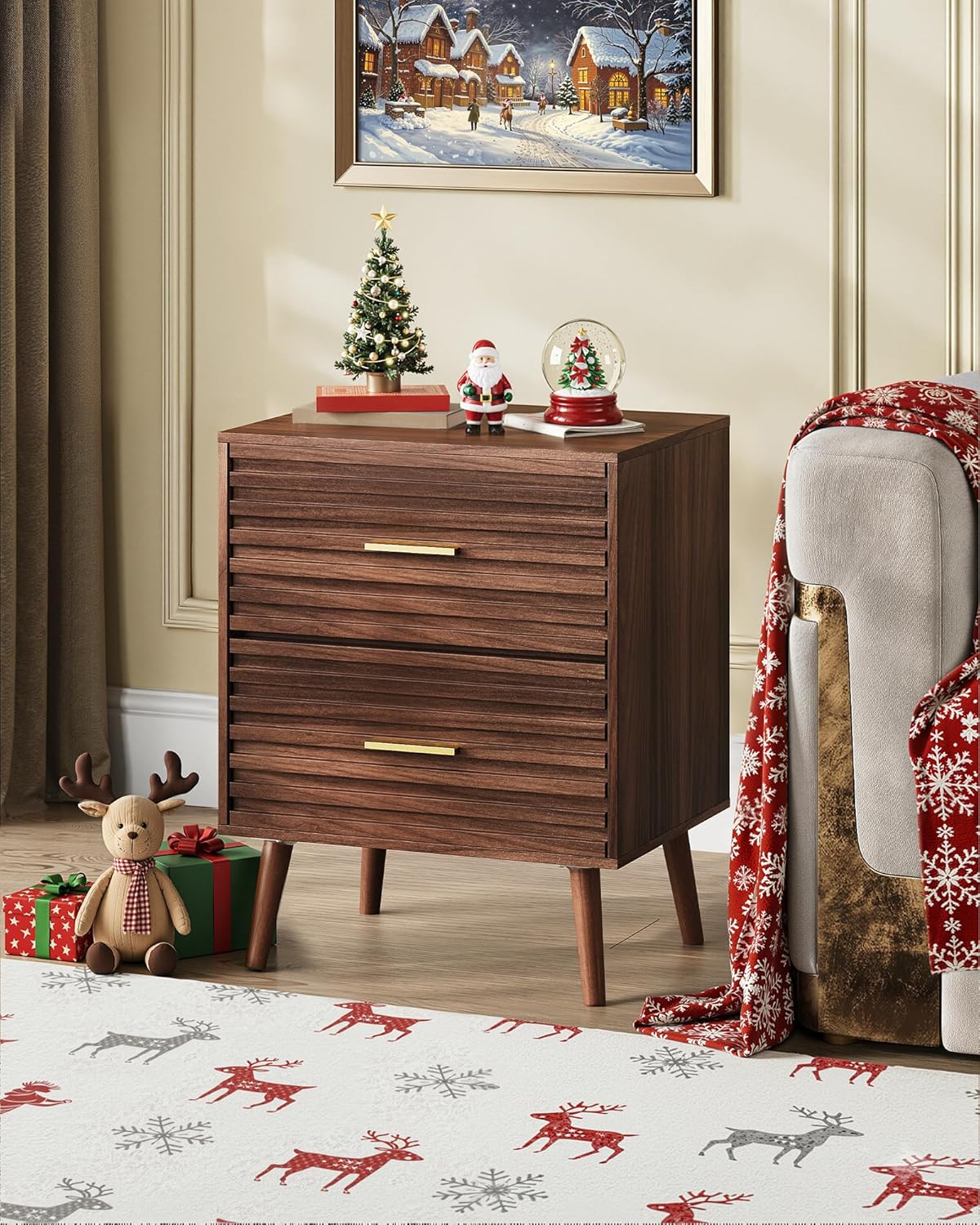 WLIVE Mid Century Modern Nightstand, Fluted Wood Bedside Table with Two Drawers, Brown Night Stand for Bedroom - Image 7