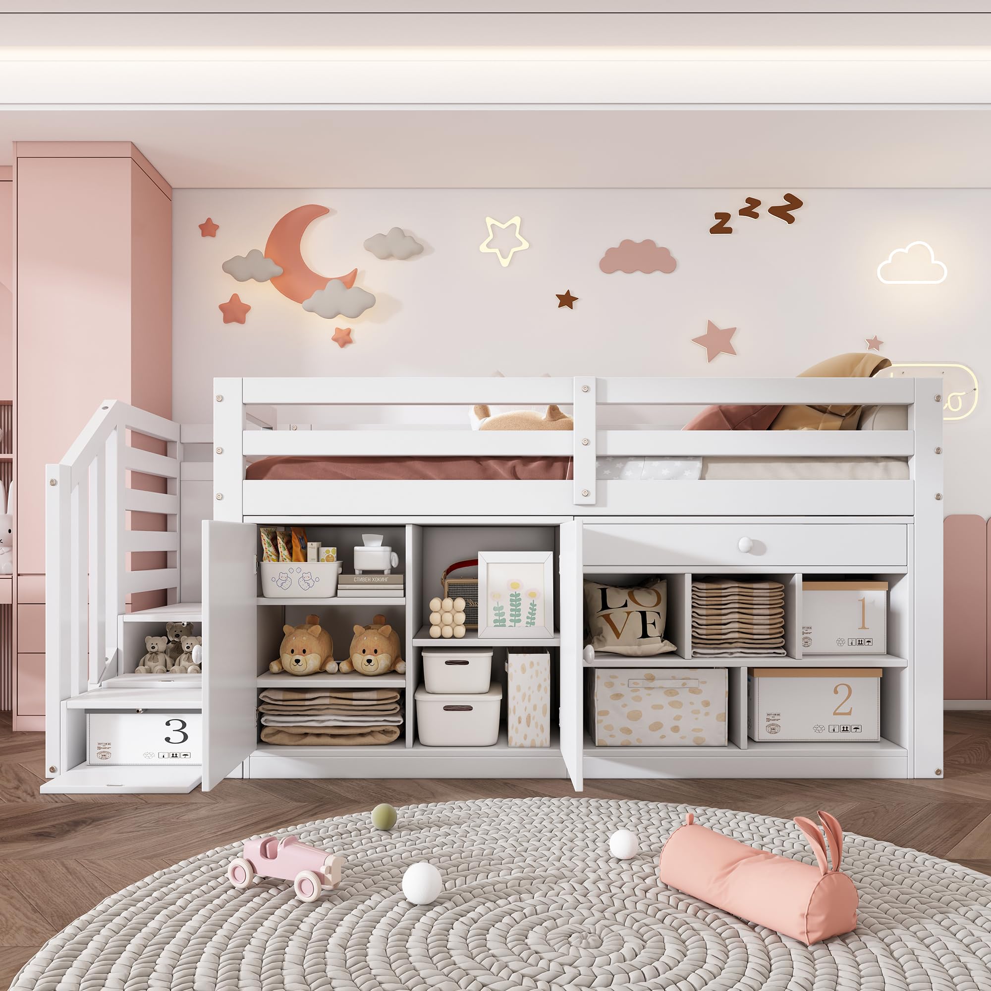 BTM Multifunctional Children's Bed with Stairs and Storage Space, Stairs/Cabinets Interchangeable on the Left & Right, Reversible Drawers Usable as a Desk(No Mattress) 90 * 190cm, white(No Mattress)