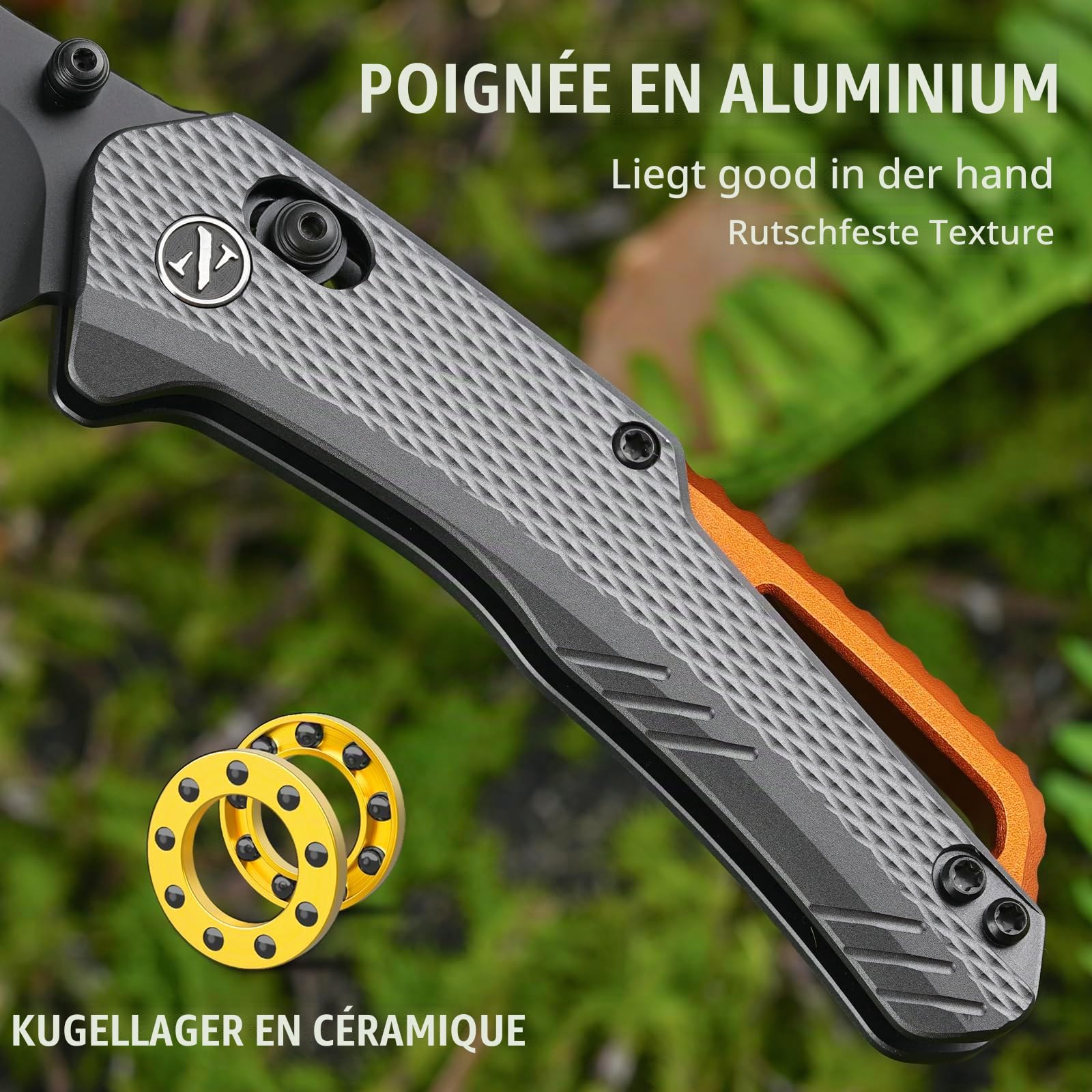 NedFoss KROKODIL couteau pliant, 14C28N acier couteau survie, Longueur lame 7.5 cm, manche aluminium avec clip ceinture, axis lock, mini couteau de poche, Revêtement en titane bronze