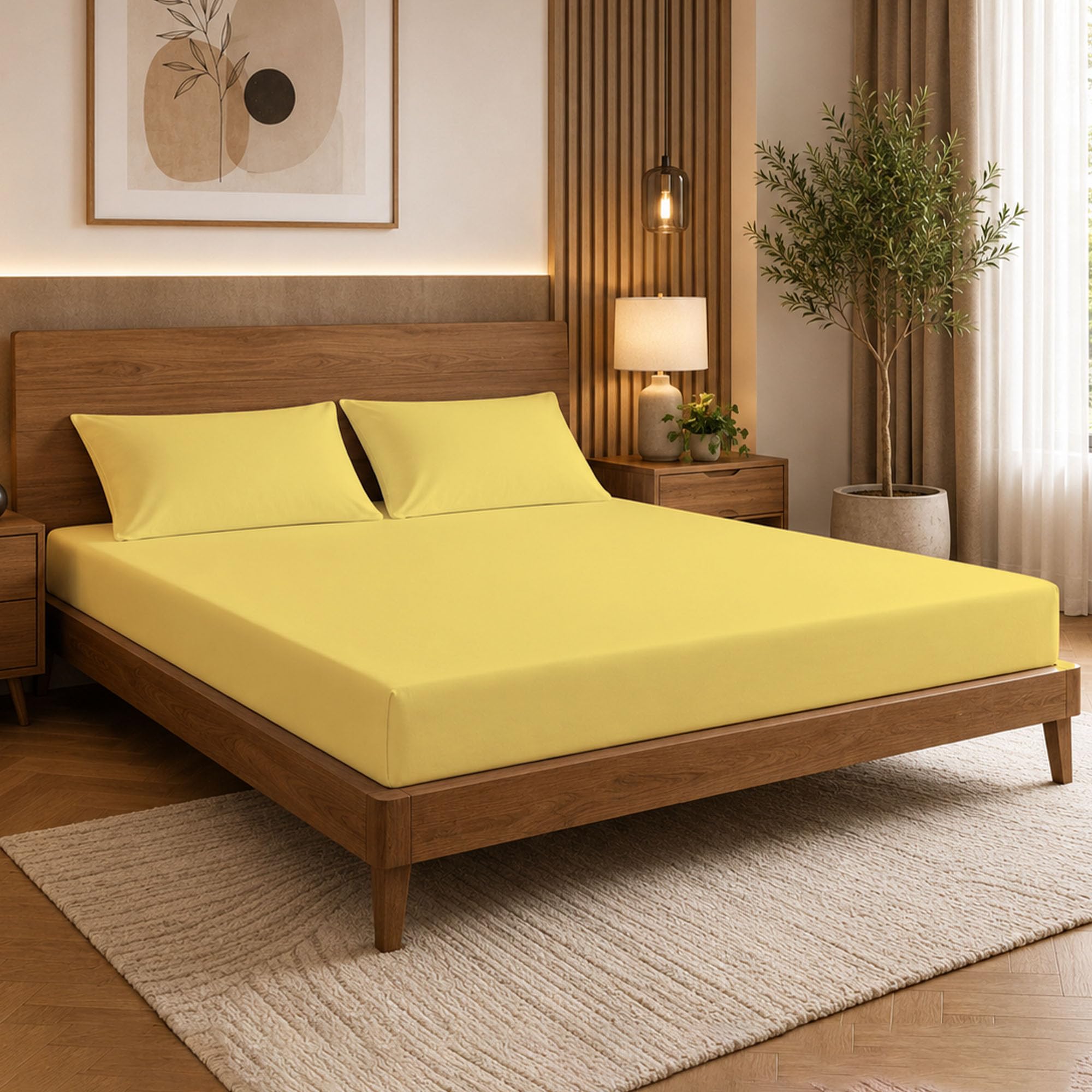 Reliancebedding Yellow 3Pcs Super King Fitted Sheet Set 100% Cotton 400Tc 25Cm Deep Pocket