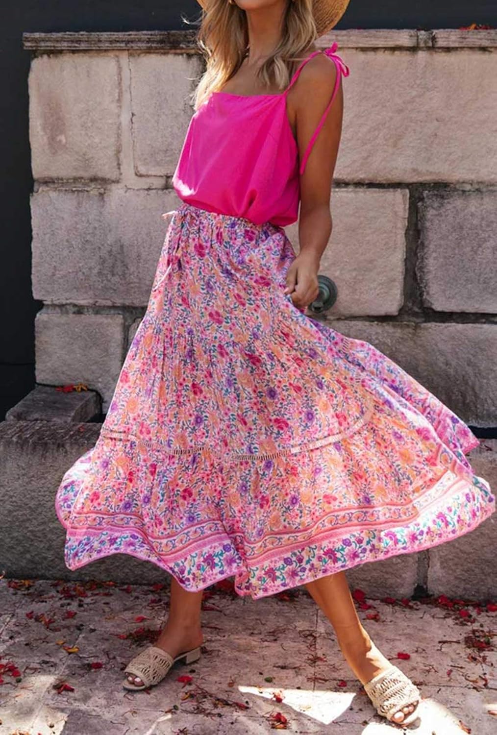 R.Vivimos Womens Summer Cotton Vintage Floral Print Boho Casual Ruffled Flowy Maxi Skirt - Image 4