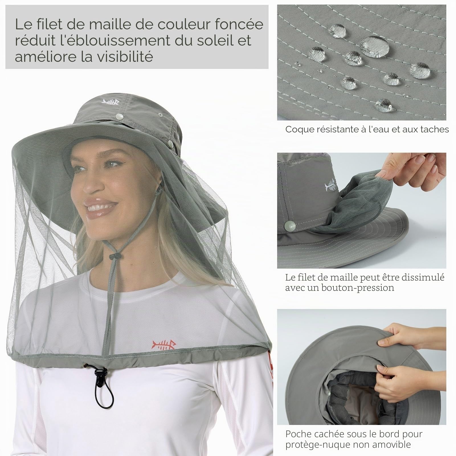 Bassdash UPF 50+ Moustique Chapeau de Soleil avec Filet de Tête Caché et Rabat de Cou pour Hommes Femmes Pêche en Plein Air Randonnée Camping