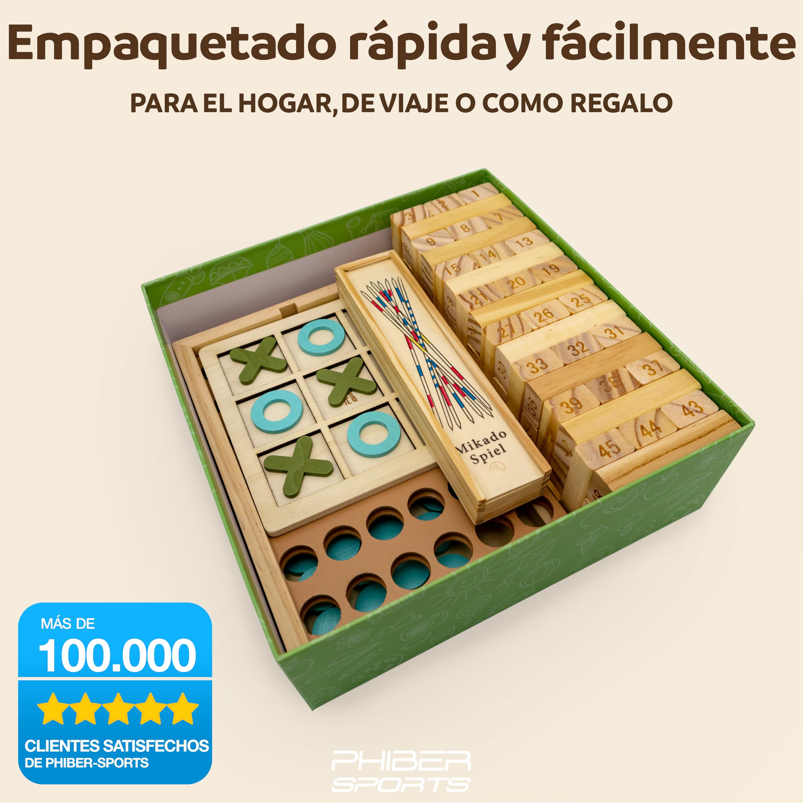 PHIBER-SPORTS Juegos de Madera 4-en-1: Cuatro en Línea, Tres en Raya, Mikado & Torre de Madera – Colección Juegos Clásicos – Regalo Niños & Adultos – Duradero, Ecológico & Sin Plástico