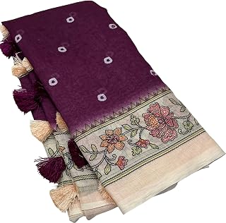 Women's Beautiful Bandhani Kalamkari Printed Soft Linen Saree With Blouse Price In India