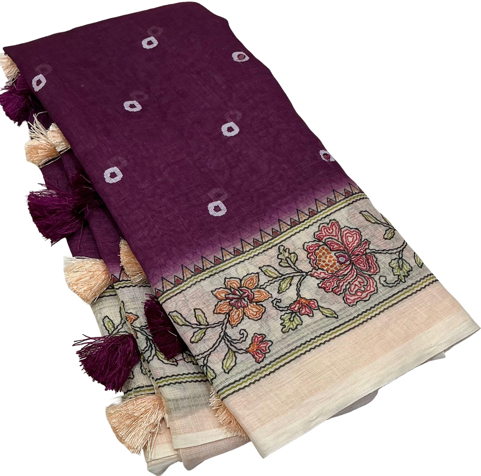 Women's Beautiful Bandhani Kalamkari Printed Soft Linen Saree With Blouse-picture-50