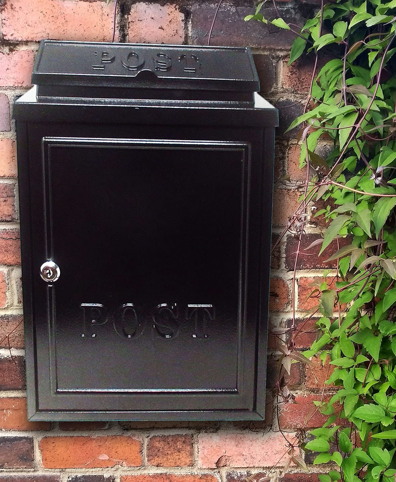 Vintage Decor by DWD® Weatherproof Post Box Plain Design Personalisable-Lockable Heavy Duty Secure Wall Mounted Letter Mail Post Box Post for Walls/Gates/Garages.Charming, (Black with Black Post Sign)