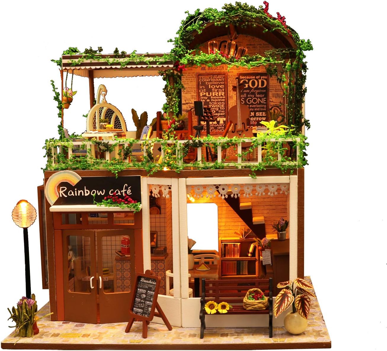 Kisoy Romantic and Cute Dollhouse Miniature DIY House Kit Creative Room Perfect DIY Gift for Friends, Lovers and Families (Sunny Cafe)