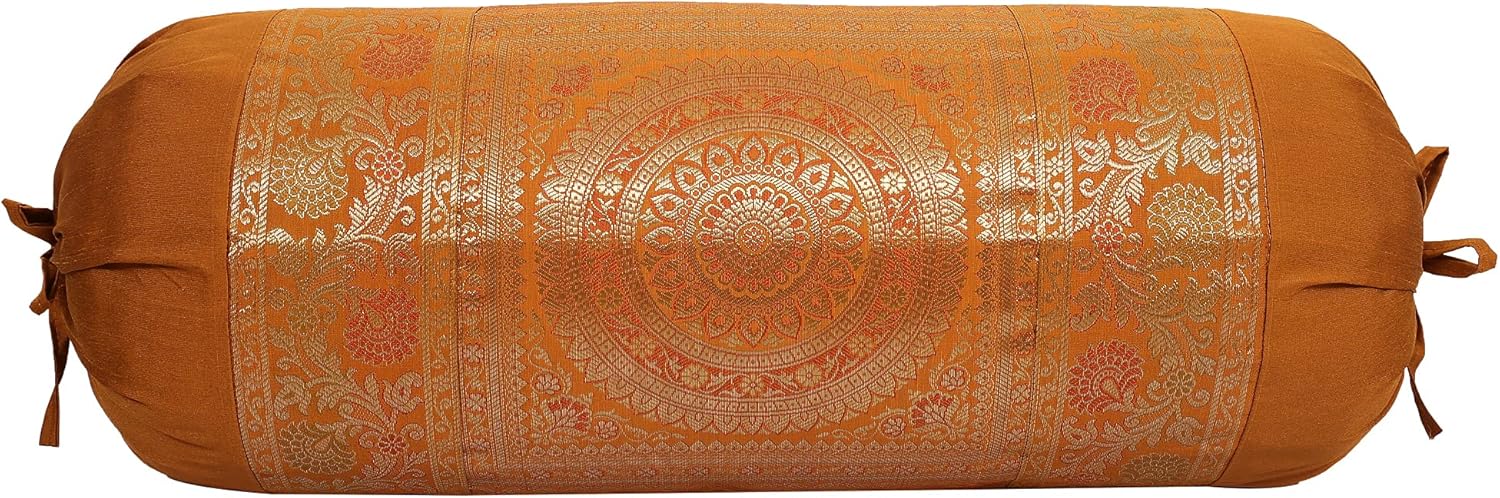 Ethnic Jacquard Brocade Silk Bolster Sofa Pillow Covers Cylindrical Hotdog Brown Yoga Massand Living Room Decorative Mandala Traditional Throw Pillowcase 76x38 cm - Set of 2 Pcs