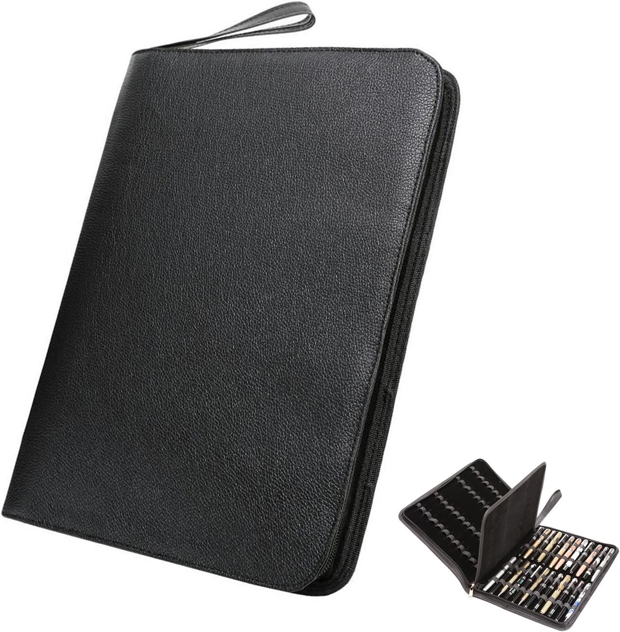 PU Leather Fountain Pen case for Pen Collection Black for 48 pens