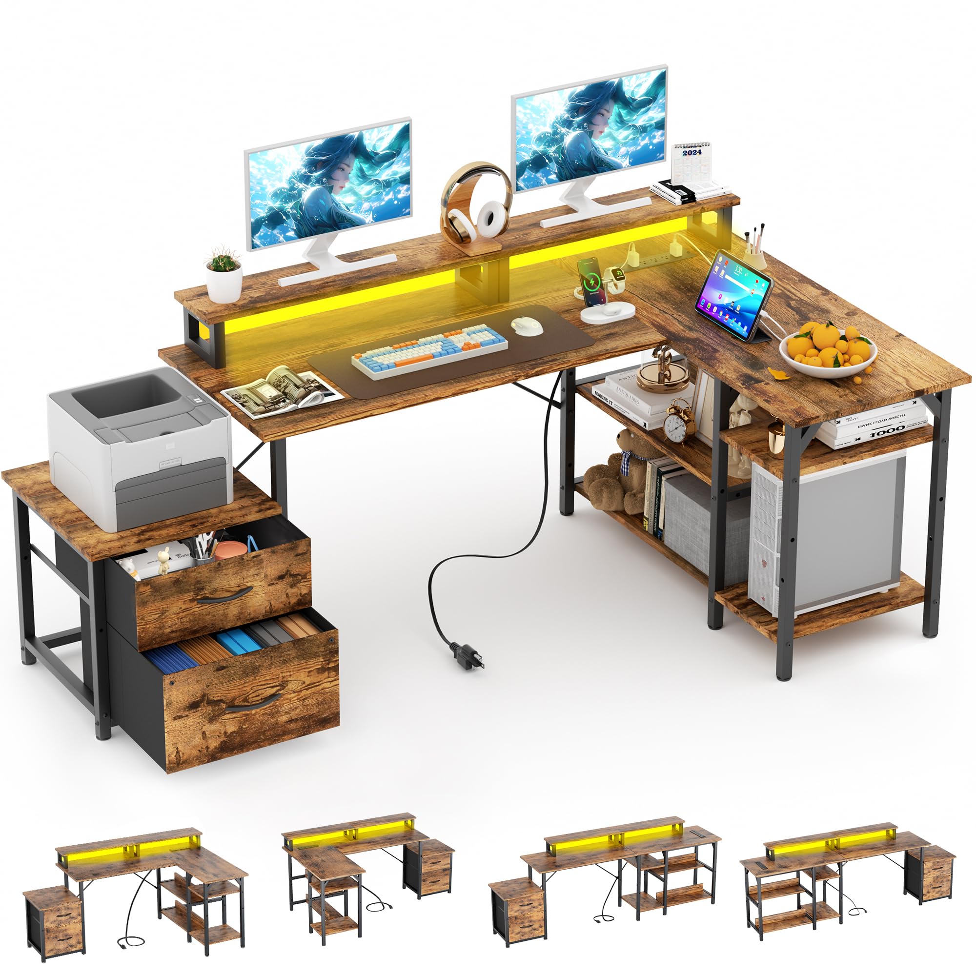 Amazon.com: oopswow L Shaped Desk with Storage, Home Office Desk,67 ...