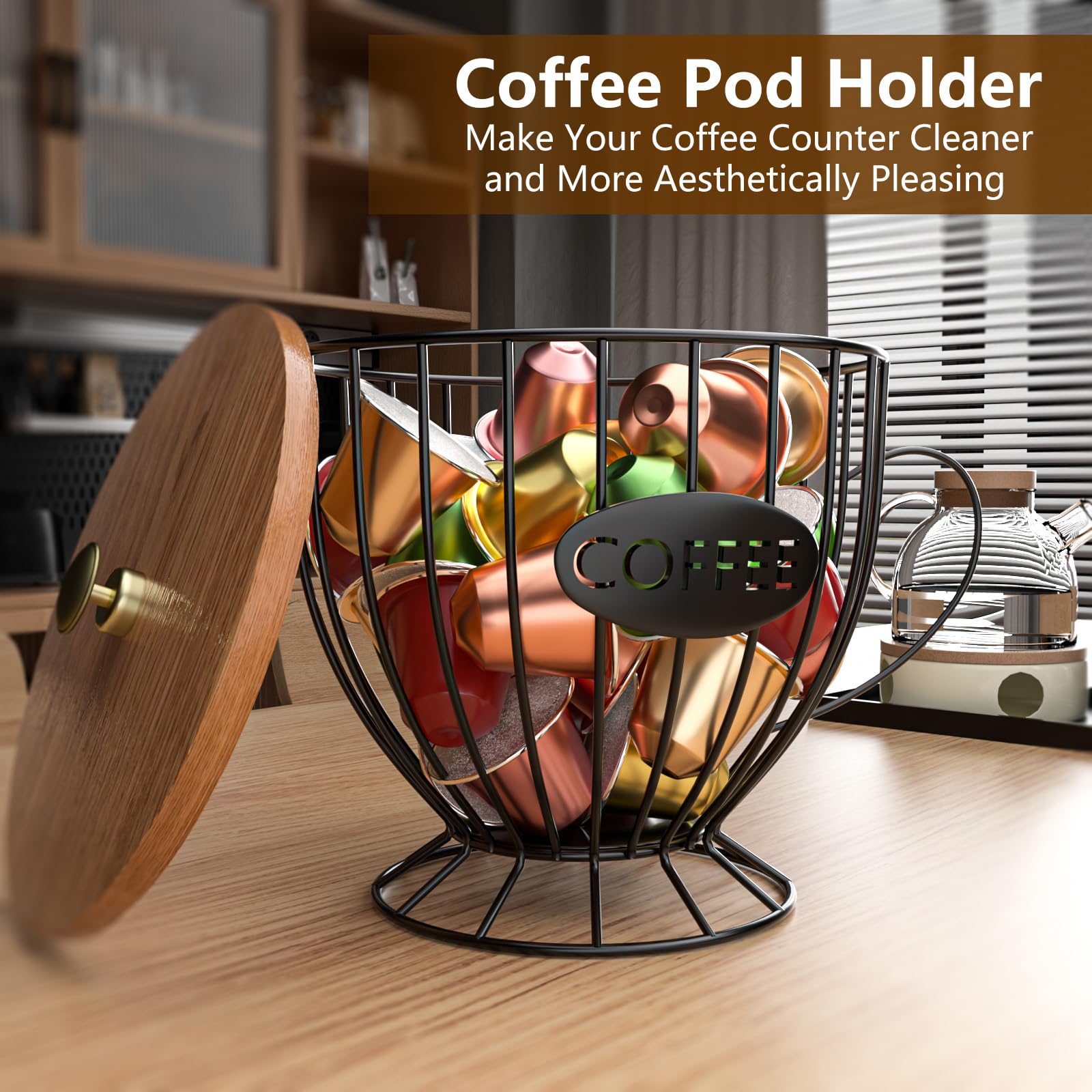 Coffee Pod Holder Large Capacity - K Cup Organizer For Counter With Wood & Metal Design (Black) - View #6