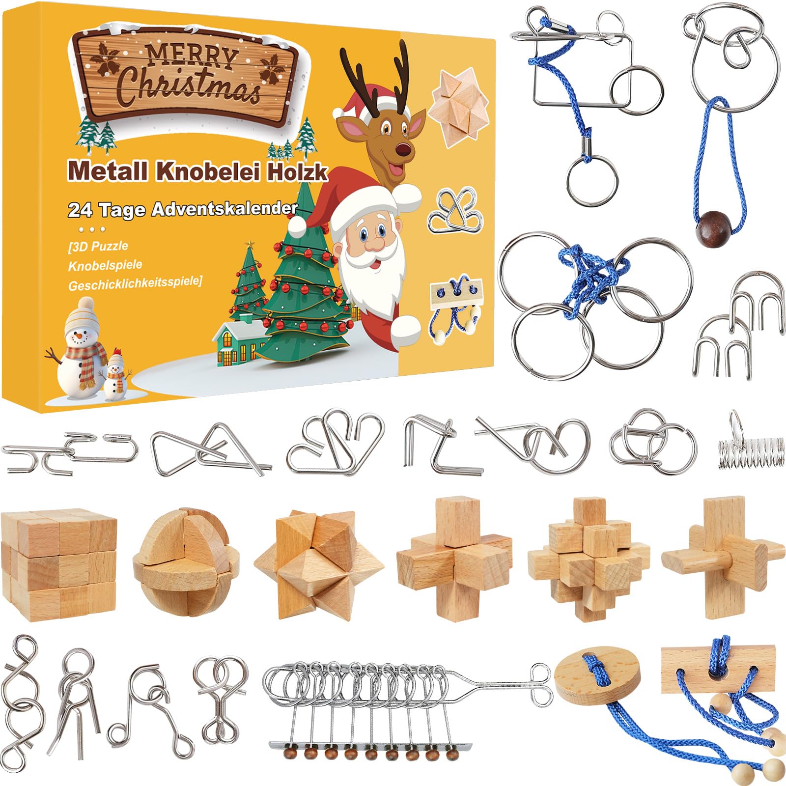 Calendrier de l'avent 2025 Casse Tete, Casse Tête en Bois et en Métal pour Cadeau Noël Enfant Adulte, Puzzle 3D pour Garçons Filles, 24 Jours de Surprise Calendrier du Compte à Rebours