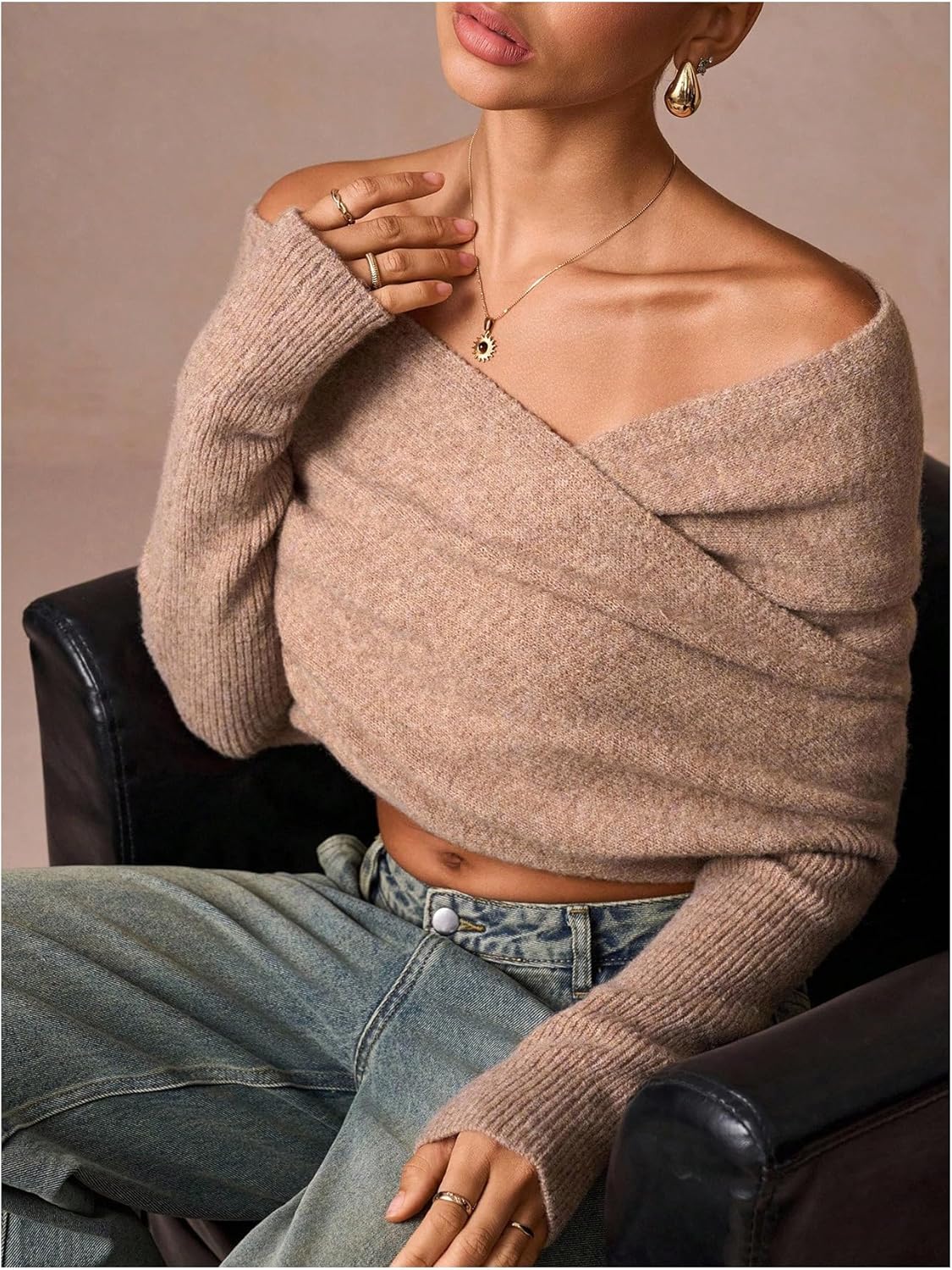 MakeMeChic Women's Off The Shoulder Pullover Sweater Wrap Long Sleeve Knitted Pullover Crop Tops Brown Large - Image 4