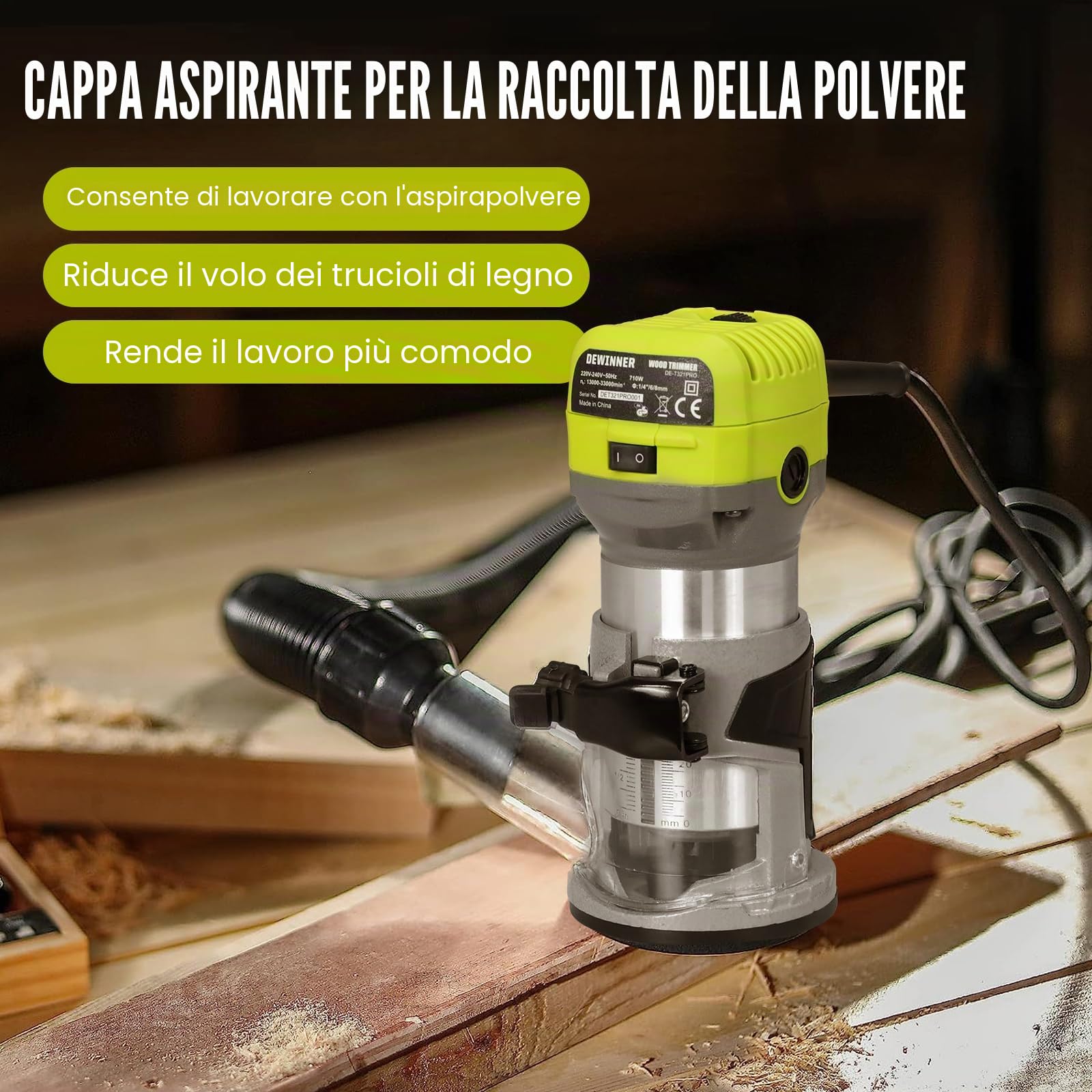 DEWINNER Router Edge Router 710 W 13000 – 33000 RPM, 6 livelli di velocità, 3 morsetti da 1/4" e 8 mm, laminatore professionale con 15 pezzi di taglierino per carburo