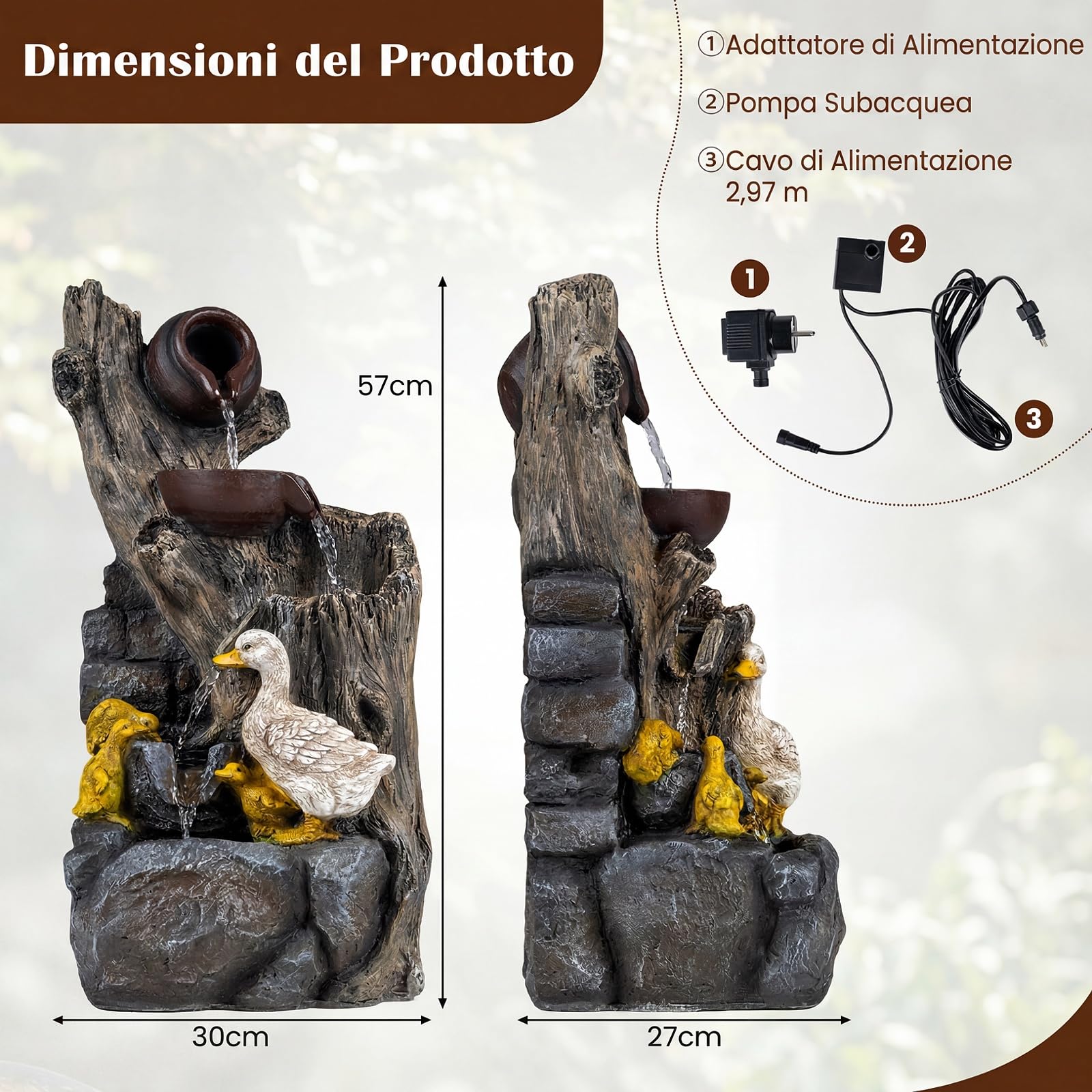 COSTWAY Fontana a Cascata da Esterno, Fontana da Giardino con Illuminazione LED e Pompa, Ornamento Cascata in Resina Effetto Pietra e Legno con Anatre per Cortile e Salotto, 30 x 27 x 57 cm