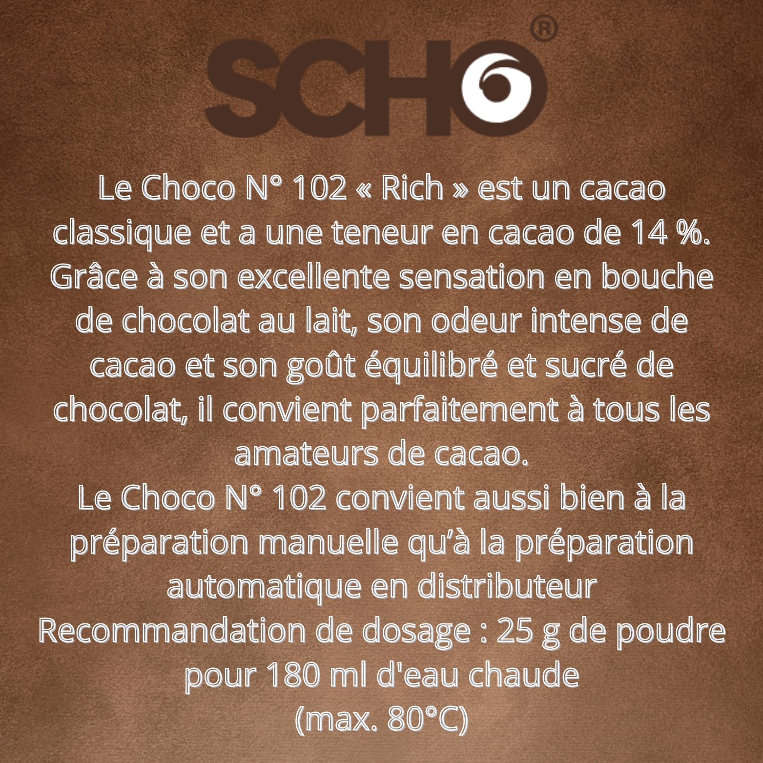 SCHO | Chocolat en Poudre " Choco Rich n°102" | 2x1kg de Poudre Soluble pour Boisson Instantanée