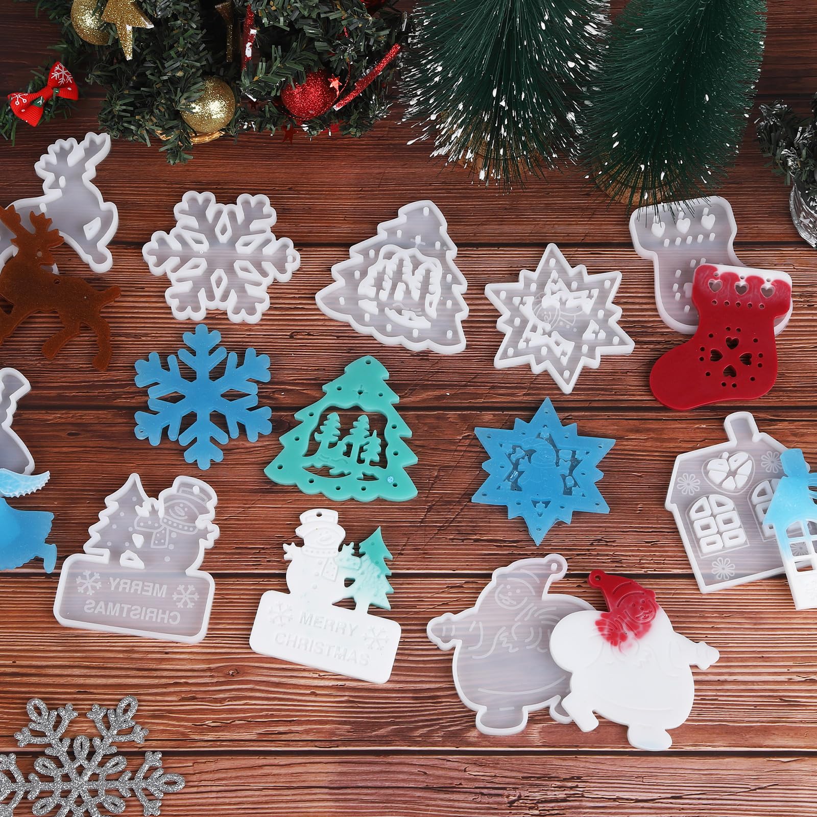 9 Stampi In Silicone Per Resina A Tema Natalizio - Alberi, Fiocchi Di Neve, Alci Per Gioielli