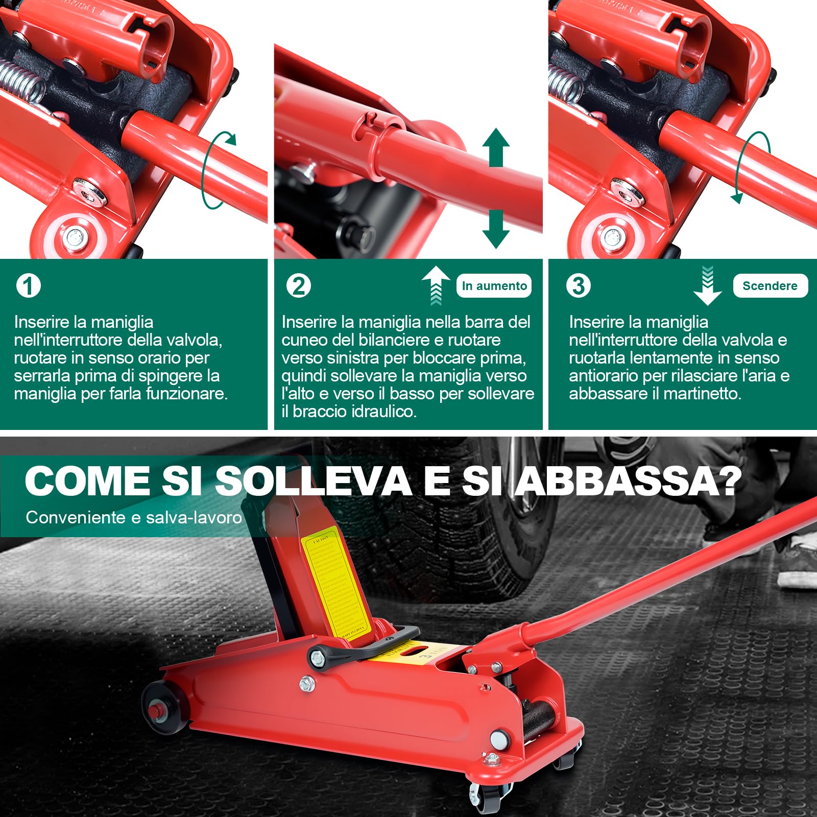 HYCHIKA Cric a Carrello 3T, Cric Idraulico per Auto, Martinetto Idraulico per Auto, Gamma di Sollevamento 135-370 mm, Ruote a 360°, Cric Auto Idraulico per Auto, SUV, Cambio Gomme