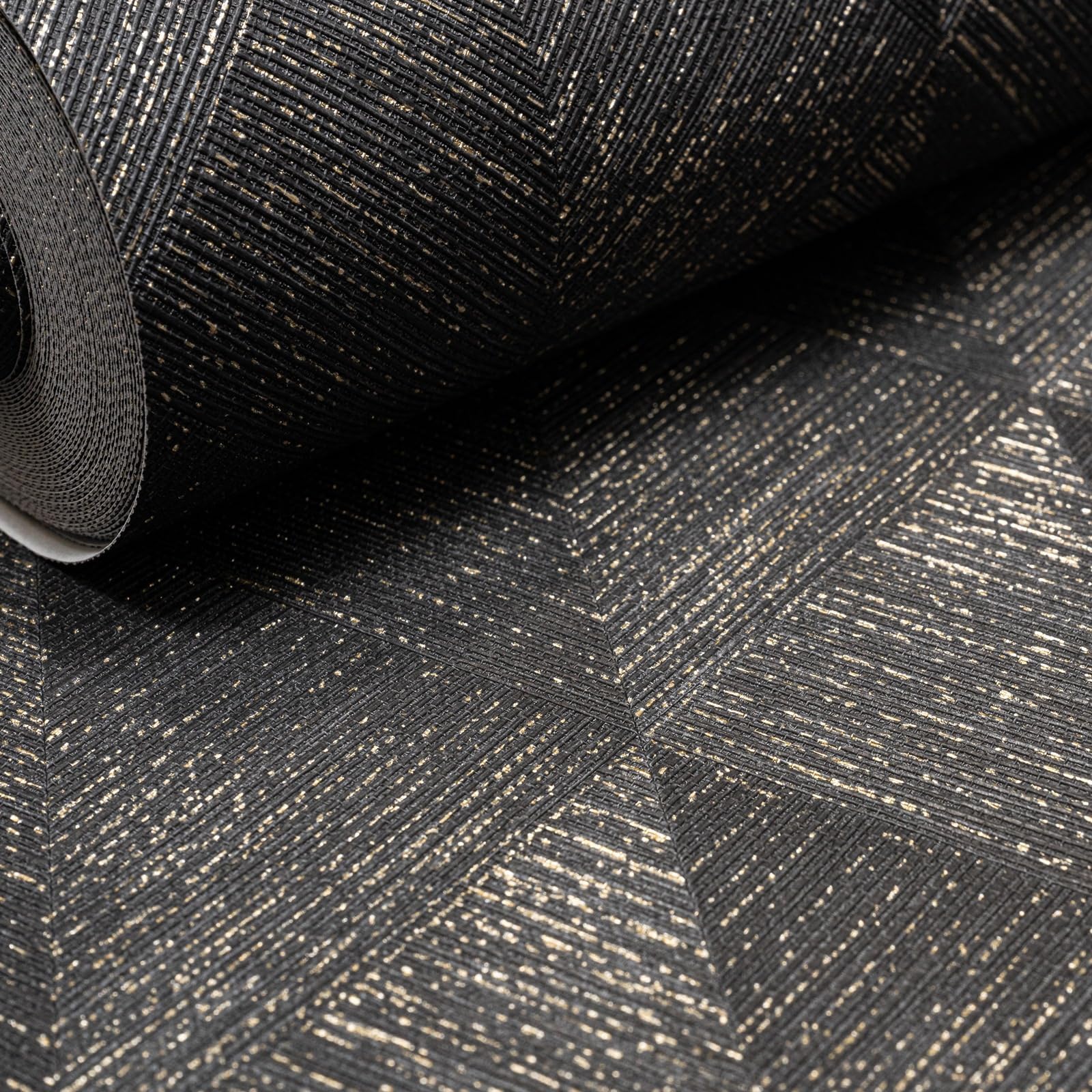 Charcoal Geometric Wallpaper – Black & Gold Shimmer Effect, Textured Thick Vinyl Feature Wall Covering (53 cm × 10.05 m)