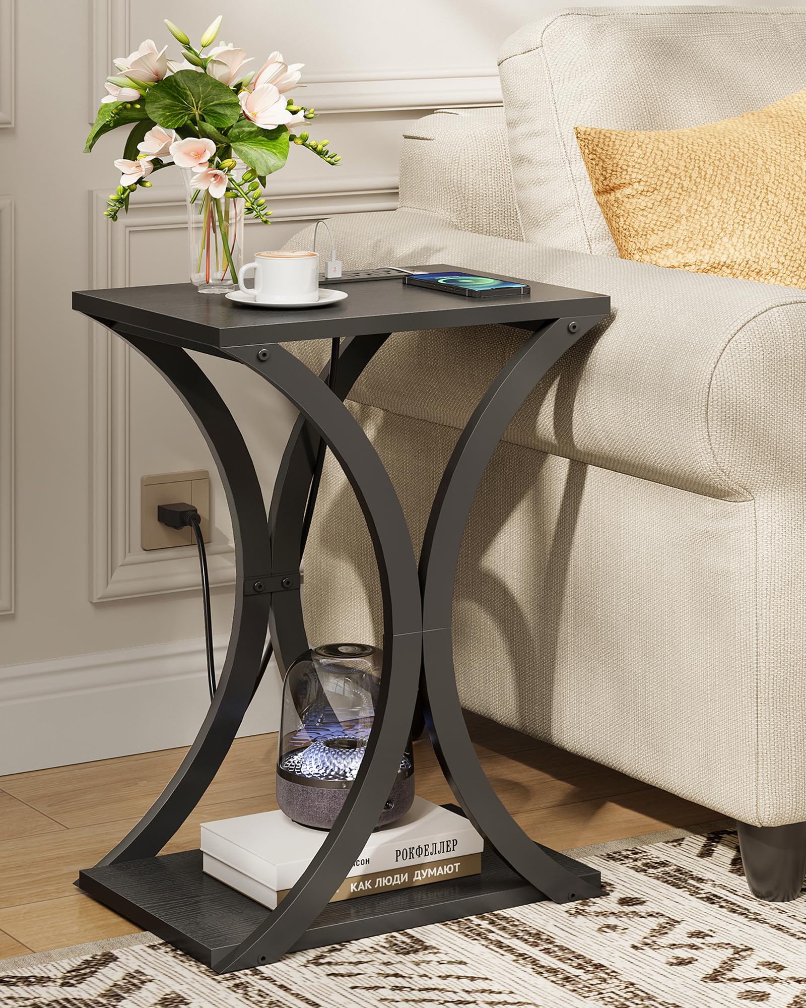 CHOEZON End Table with Charging Station, 2-Tier Modern Side Table, Nightstand with Storage Shelf, for Small Spaces, for Living Room, Bedroom, Black