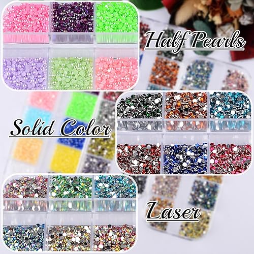 Miniatura 2 de Juego de 5 cajas de diamantes de imitación para arte de uñas, medias perlas, parte trasera plana 3D, gemas de cristal, diseño de diamantes para