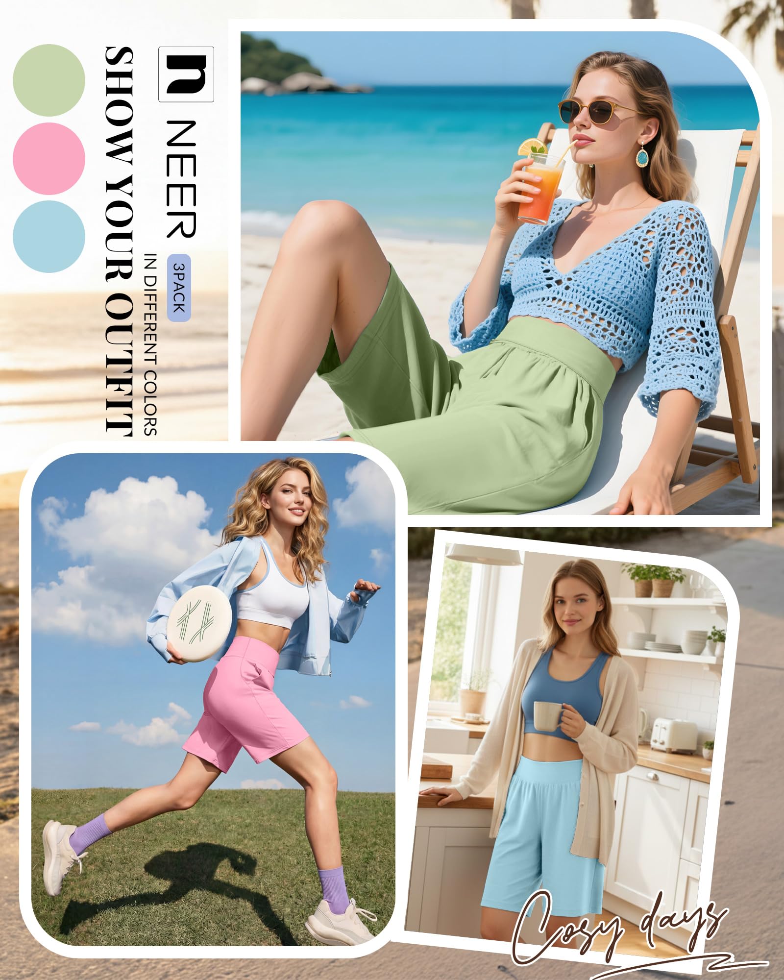Neer Lot de 3 Bermudas Femme Taille Haute Confortables Extensibles Style Décontracté Longueur Genou Short d'Été à Poches