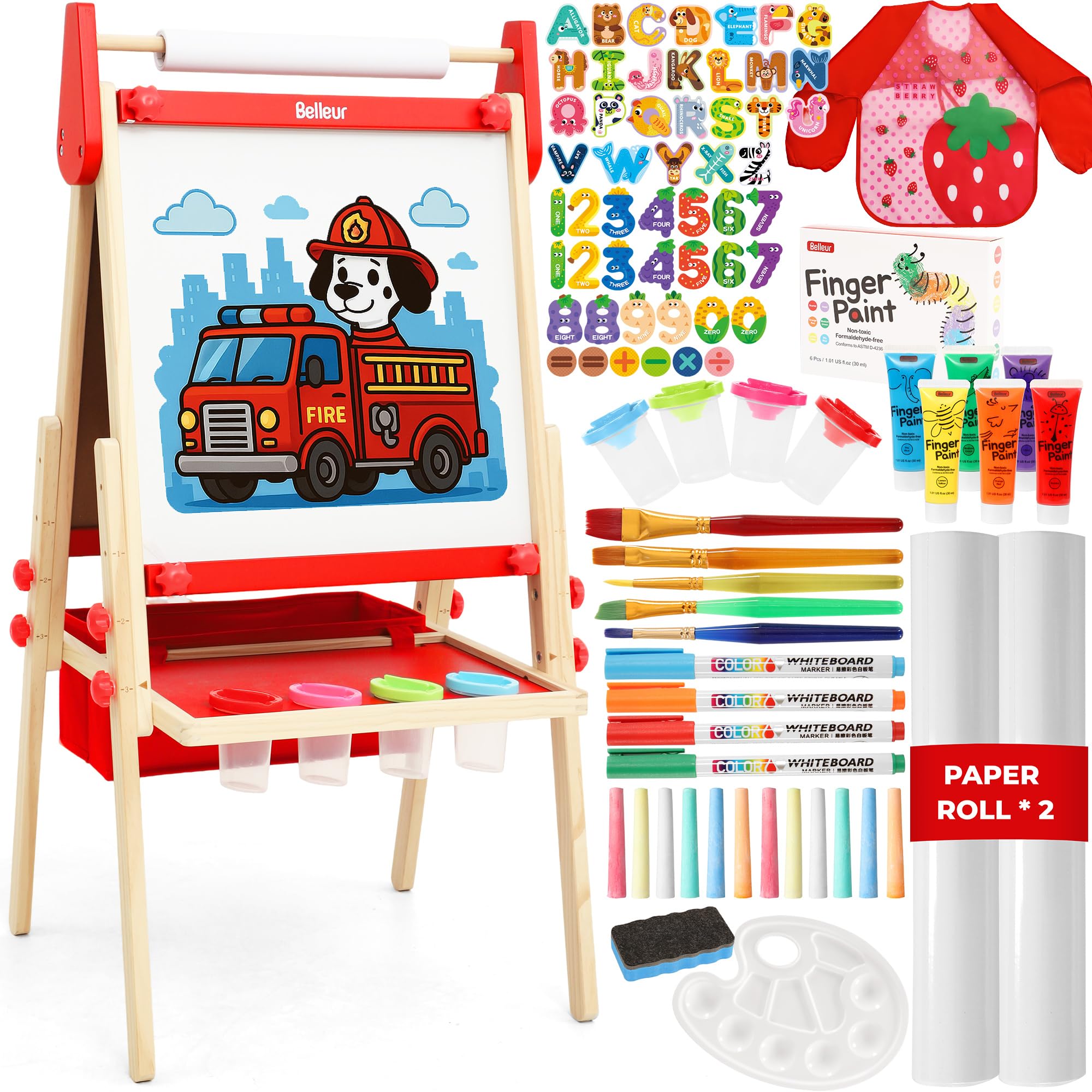 Belleur All-in-One Art Easel for Kids, Adjustable Double Sided Easel for Toddlers with Magnetic Whiteboard & Dry-Erase Chalk Board & Paper Roll, Child