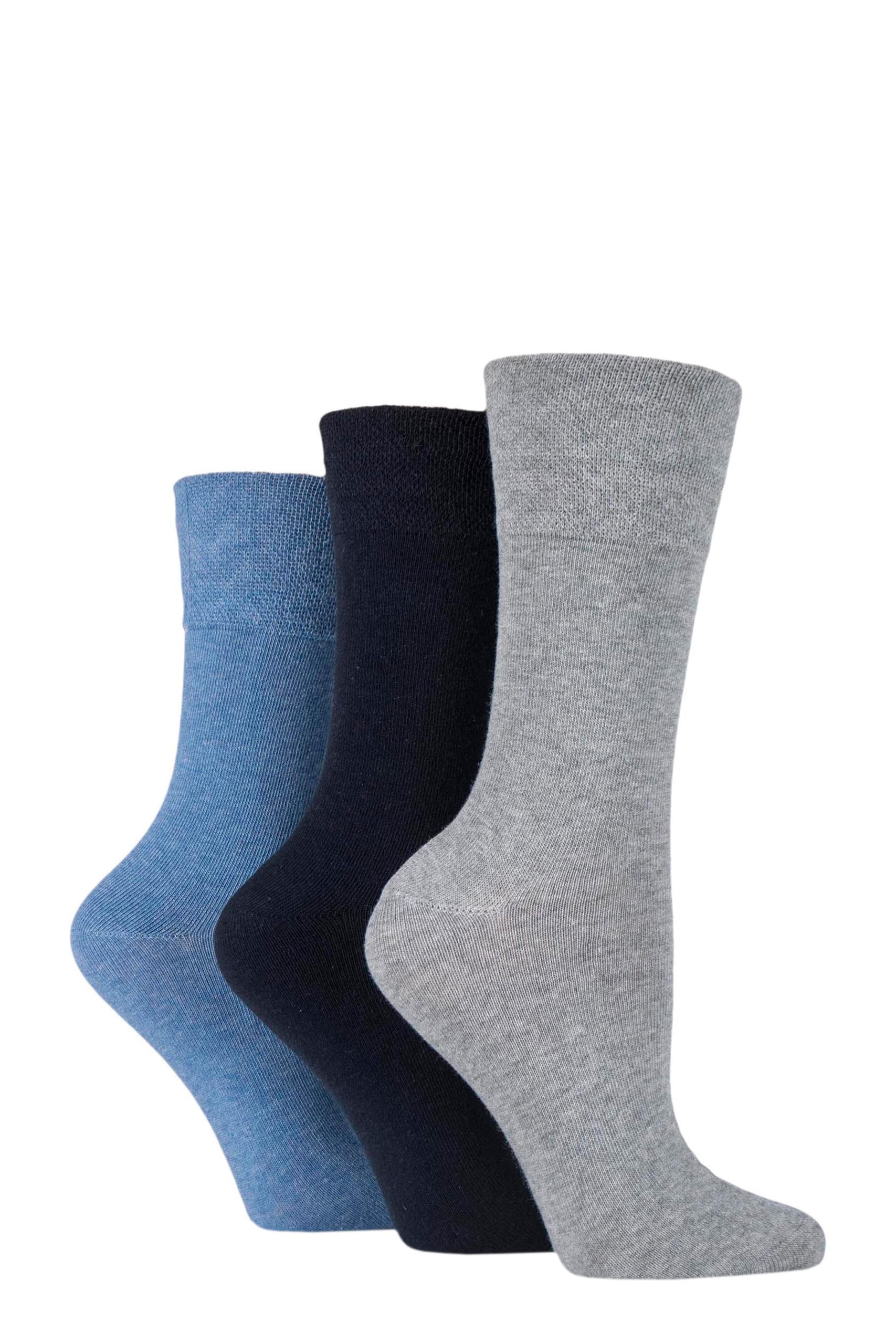 IOMI Footnurse Women’s 3 Pair Gentle Grip Bamboo Diabetic Socks – Soft Non-Binding Comfort Top, Breathable Lightweight Fit for Sensitive Feet, Circulation or Swollen Legs 4-8 Blue/Grey