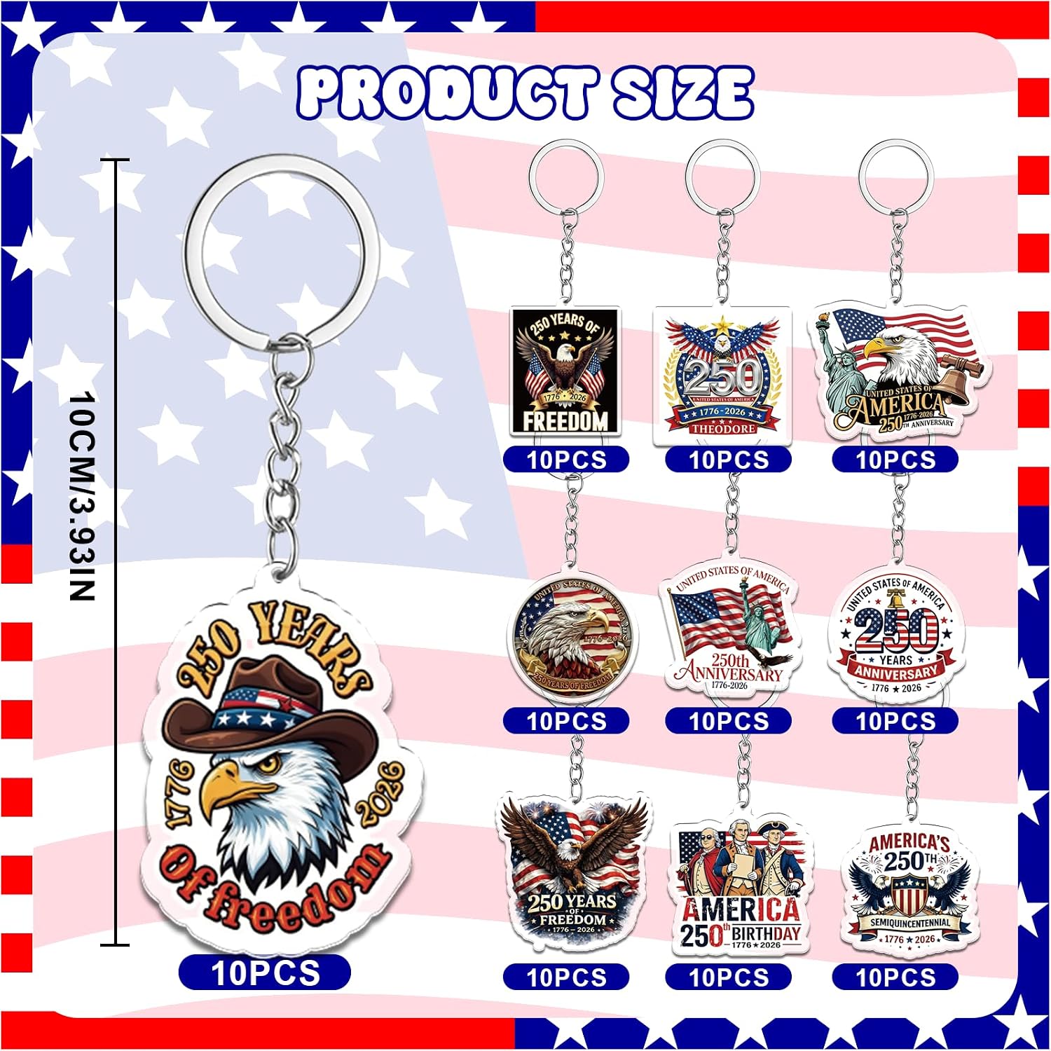 100 Pcs USA 250th Anniversary Keychains Bulk America 250 Years Merchandise 1776-2026 Acrylic Keychain Patriotic Commemorative Gifts for 4th of July Party Favors Independence Day Souvenir Accessories
