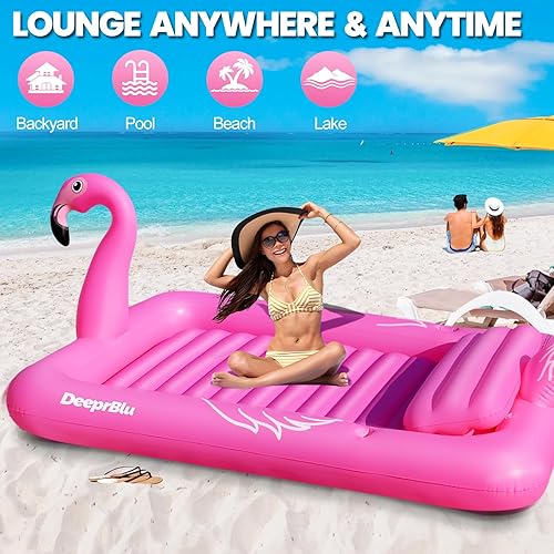 Miniatura 7 de Piscina de bronceado inflable de flamenco de lujo para 2 personas, 81 x 60 pulgadas, flotador para tumbona para tomar el sol, piscina de bronceado