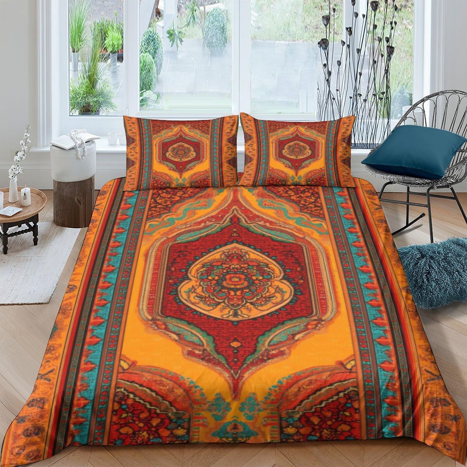 Ctjqhvkz Style-7 3D Printed Boho Mandala Fitted Sheet Microfiber Soft Orange Ethnic Pattern Mattress Cover Bedroom Dorm Decor Single（135X200cm）