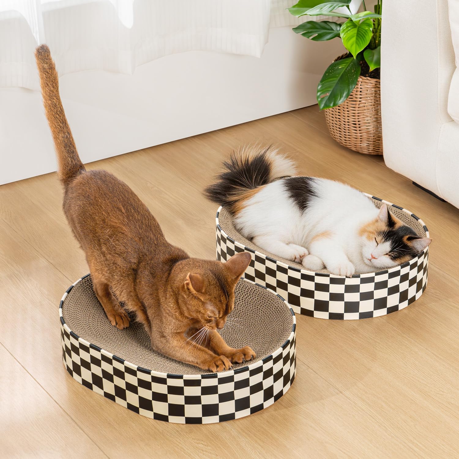 Conlun Oval Cat Scratcher Bed Bowl Lounge for Kittens | Medium | 2 Pack | Ideal for Multi-Cat Households | Concave Cardboard Pad | No Mess Enclosed Base | Couch Furniture Protector