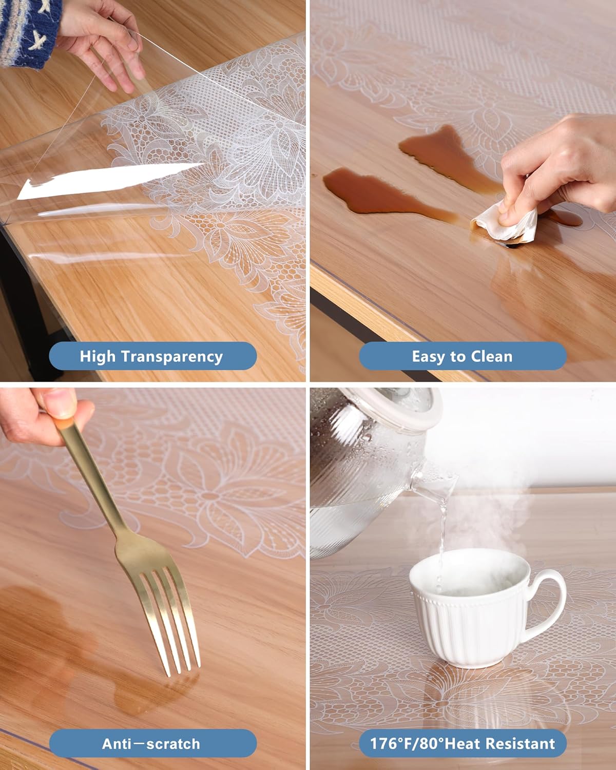 Clear Table Cover Protector, 1.5 mm Thick Rectangle PVC Desk Mat, Lace Print Waterproof Plastic Desk Pad Tablecloth for Office, Kitchen, Dresser, Writing Desk, Dining Room (36 X 60 inch)