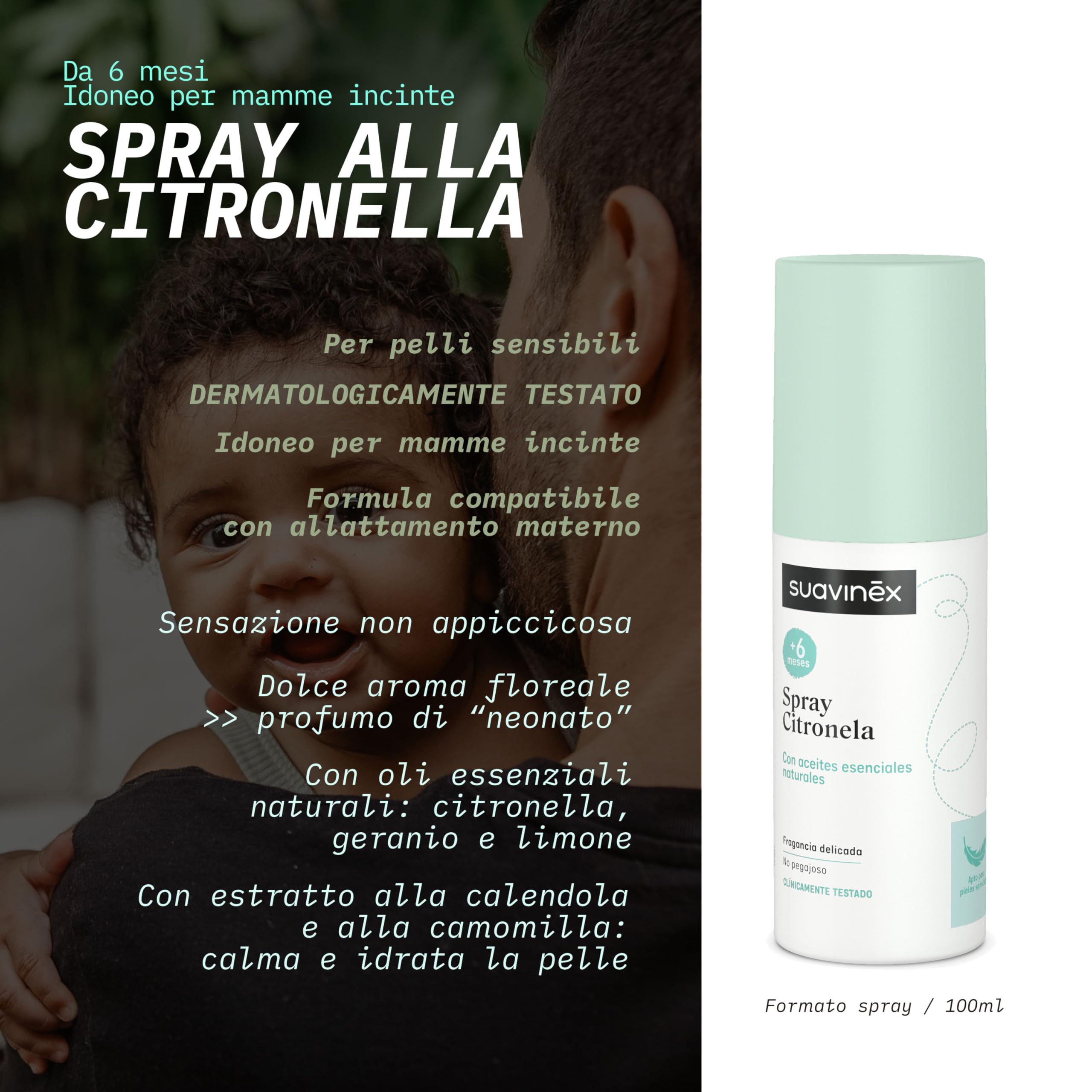 Suavinex, Spray alla Citronella, Repellente per Zanzare con Oli Essenziali Citronella, Geranio, Limone, Per Neonati +6 Mesi, Donne in Gravidanza, Compatibile con l'Allattamento, 100 ml