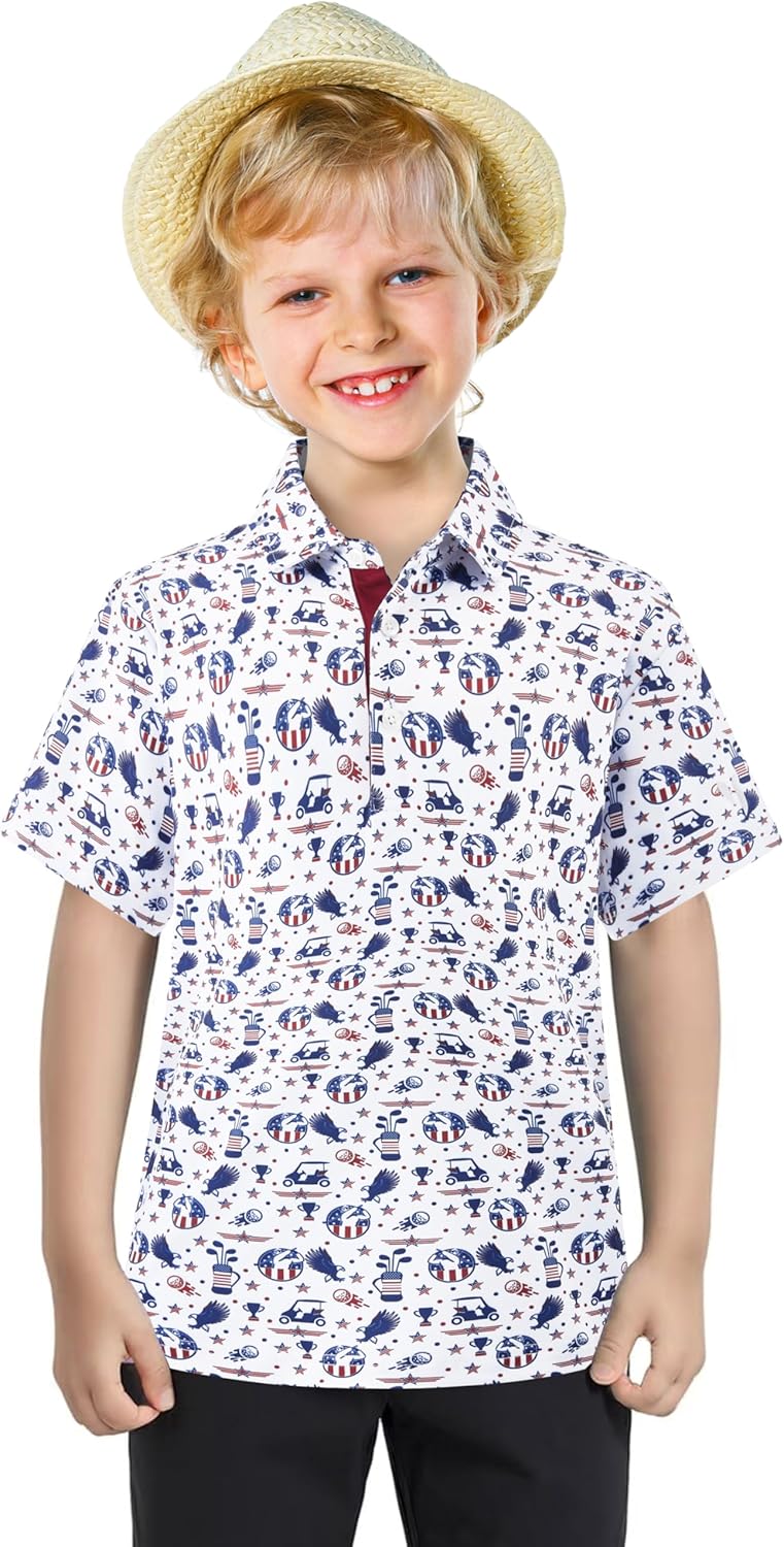 Golf Shirts for Boys Short Sleeve Moisture Wicking Dry Fit Performance Kids Youth Sport Funny Print Boy Polo Shirts